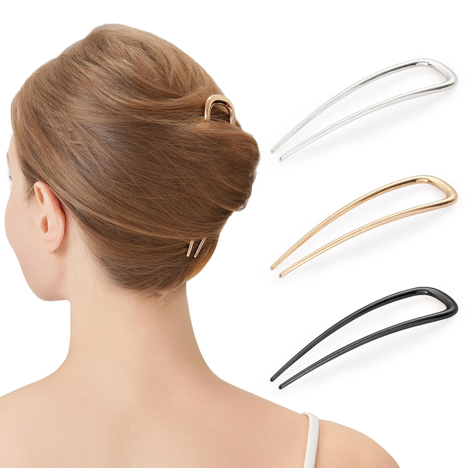 3 Pcs Metal French Hair Pins for Women Girls, U-Shaped French Twis Hair Pins for Buns, Elegant Hairstyle Accessories Silver, Gold, Black