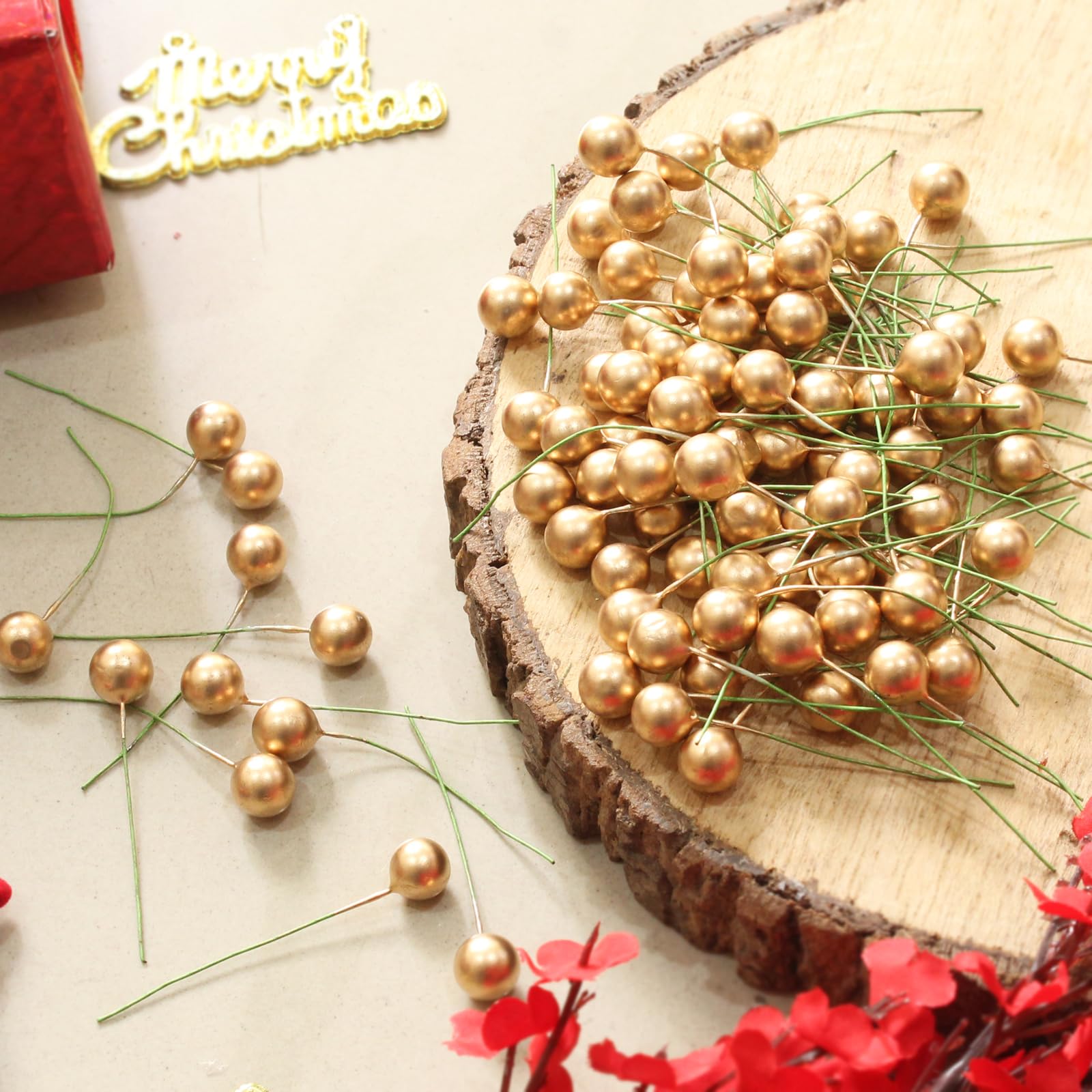 TIED RIBBONS 50 Pcs Christmas Artificial Golden Berries Stems Decorations Items for Xmas Tree Garland Wreath Art and Craft Ornament Props - Christmas Decorations Items