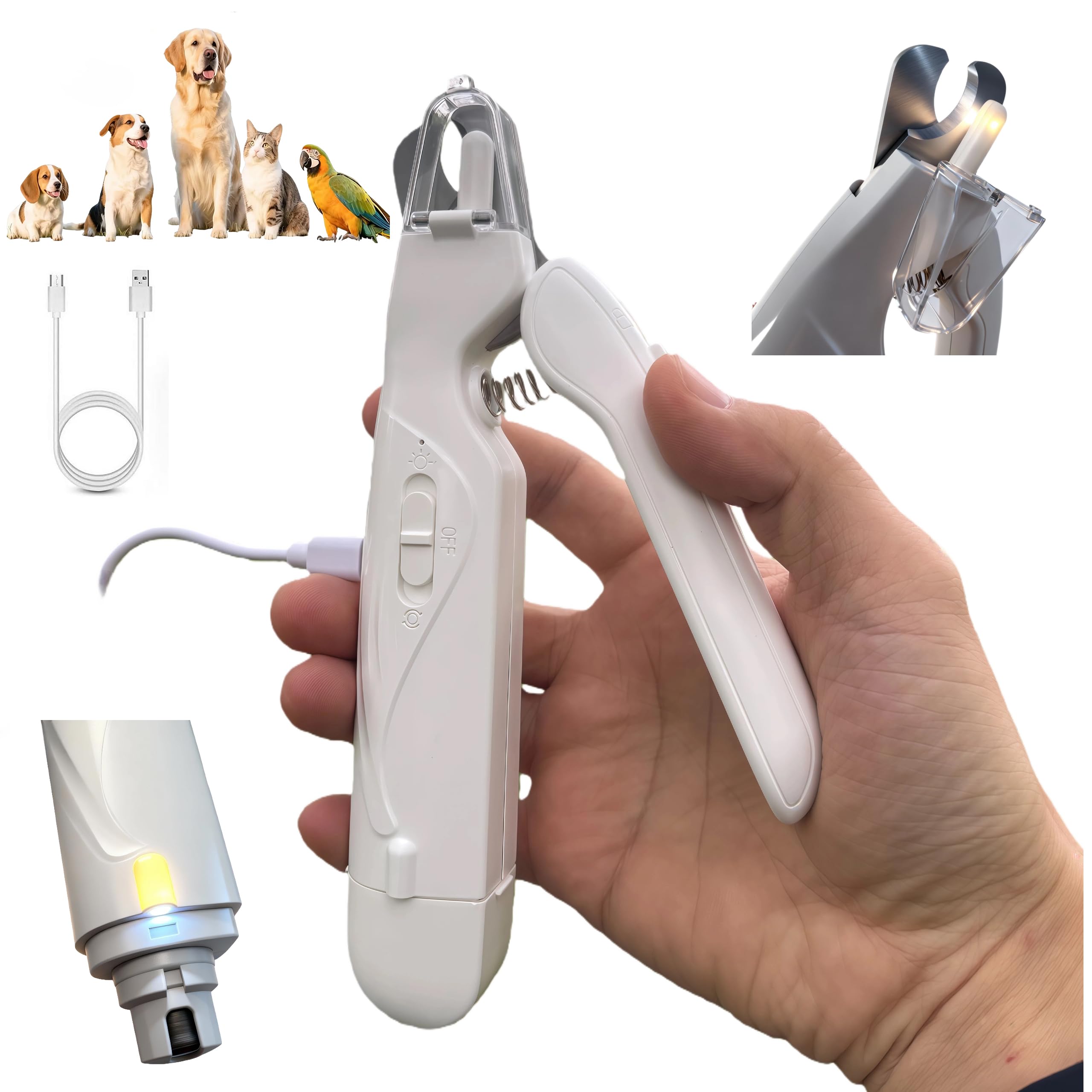 2-in-1 Dog & Cat Nail Clippers and Grinder with LED Light, USB Rechargeable Quiet Pet Nail Trimmer, Safety Guard & Anti-Splash Cap, Cordless Grooming Tool for Small Medium Large Dogs, Cats,Parrot