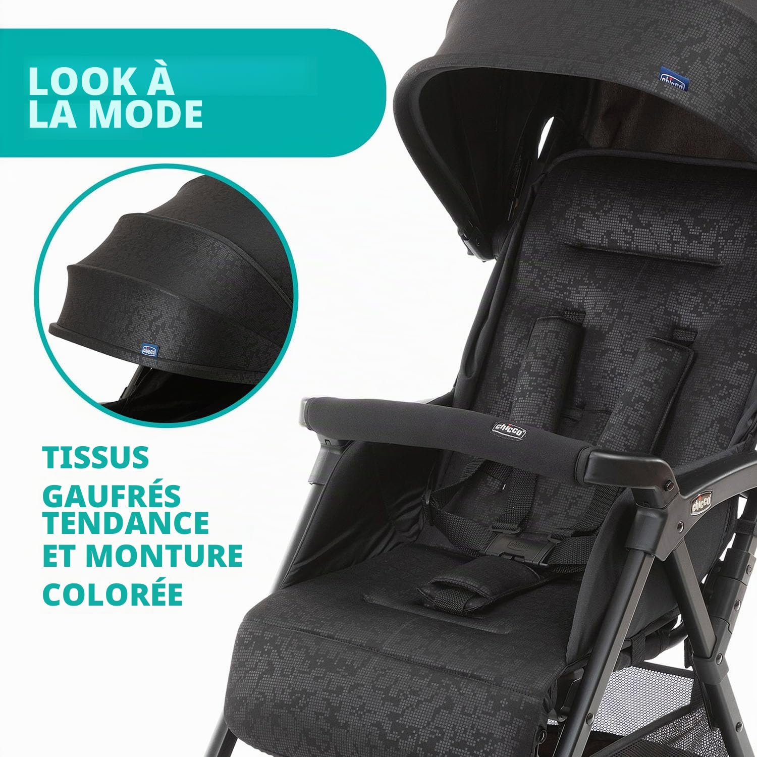 Chicco OHlalà 3 Poussette Canne Bébé Ultra légère, Compacte, Pliable et Inclinable de la Naissance à 15 kg, avec un Grand Panier, Housse de Pluie Incluse, et Toit Extensible - Jet Black