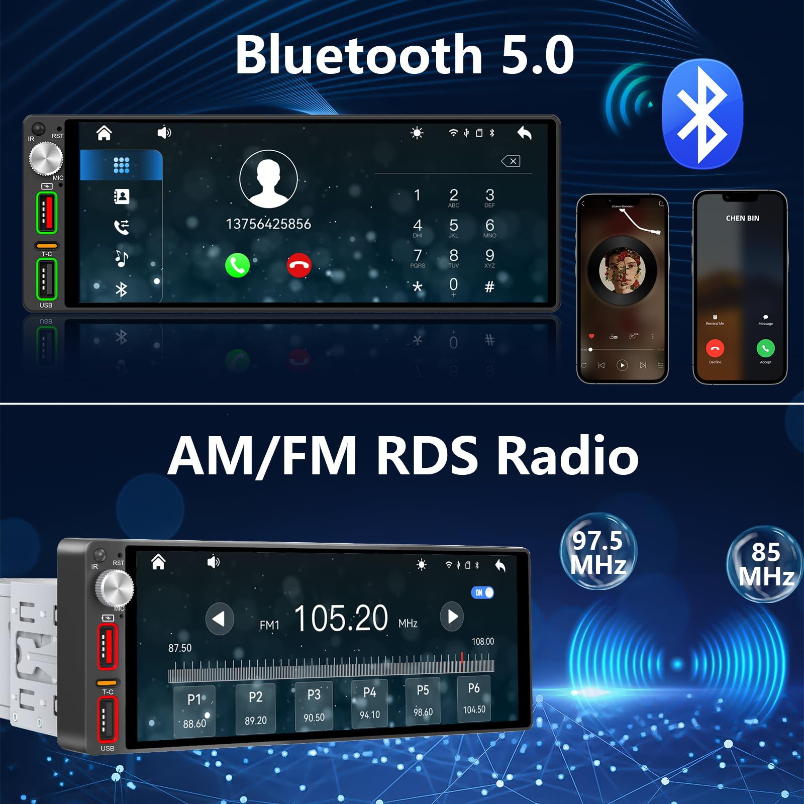 6,9 Zoll 1 Din Autoradio mit drahtlosem CarPlay & Android Auto, Bluetooth, Full-Touch-Autoradio-Display FM, DAB+，Free Rückfahrkamera