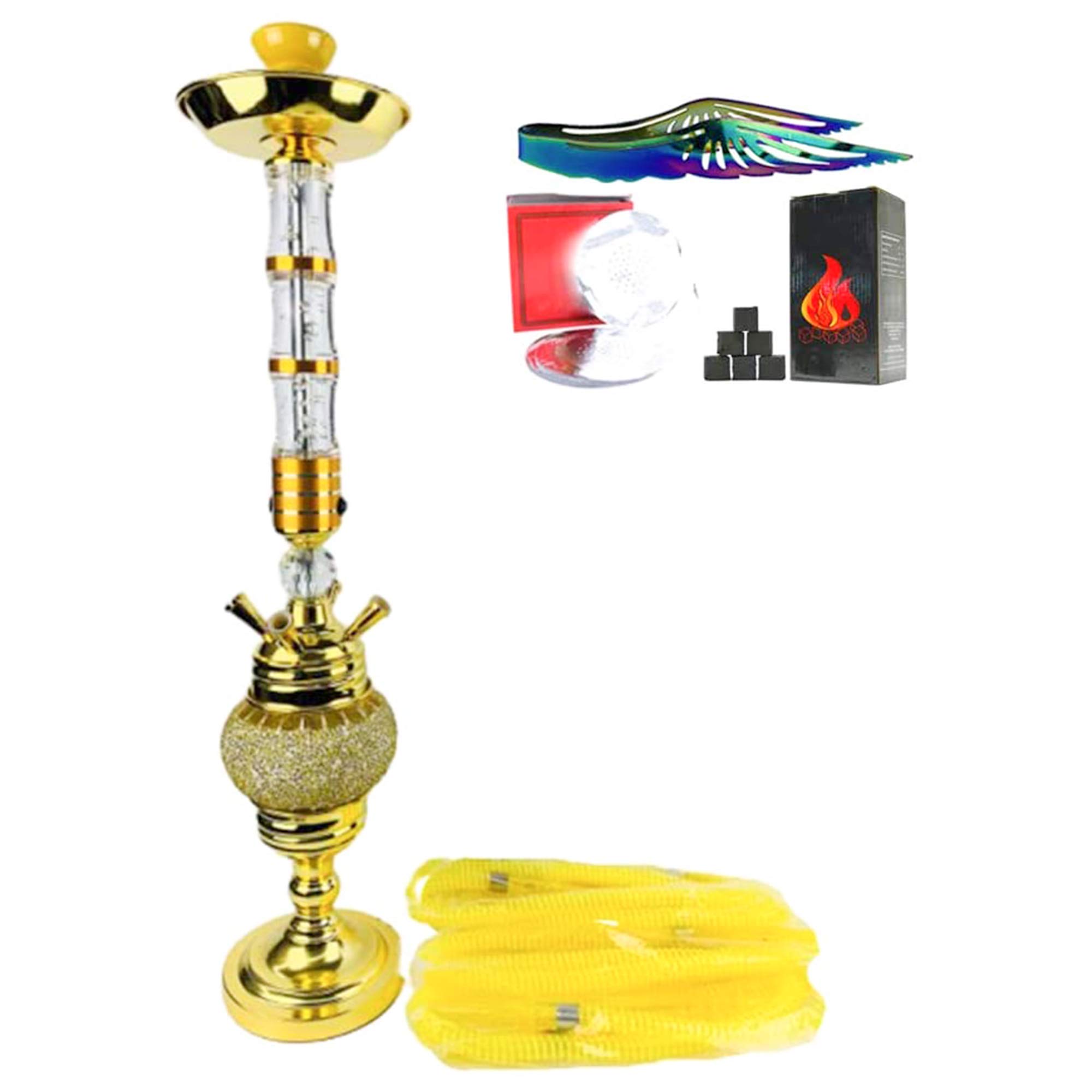 Juego Narguile Grande 28" con Luz LED Kit Narguile 4 Mangueras Cuenco Cerámica Carbón Pinzas para Carbón Papel Aluminio para Una Mejor Experiencia Fumar Shisha,Amarillo