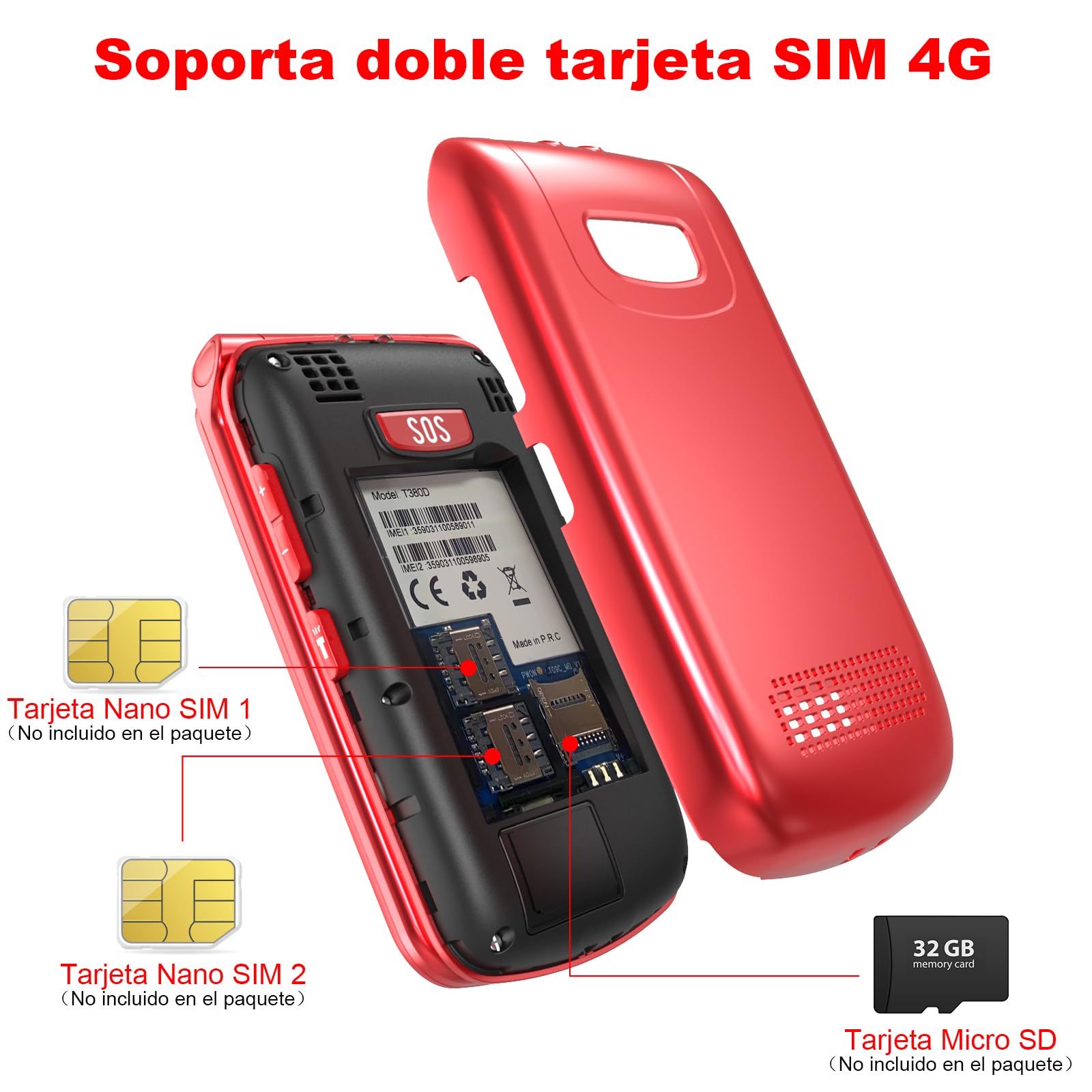 USHINING Teléfono Móvil 4G para Personas Mayores, Teléfono Móvil con Tapa Teclas Grandes Botón SOS Pantalla Doble de 2,4 y 1,77 Pulgadas Doble SIM USB-C Despertador Base de Carga, Fácil de Usar, Rojo