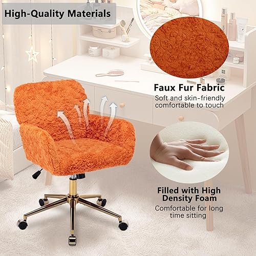 Miniatura 55 de Silla moderna de peluche para oficina en casa, bonita silla de escritorio tapizada con patas de metal dorado, silla giratoria ajustable con ruedas,