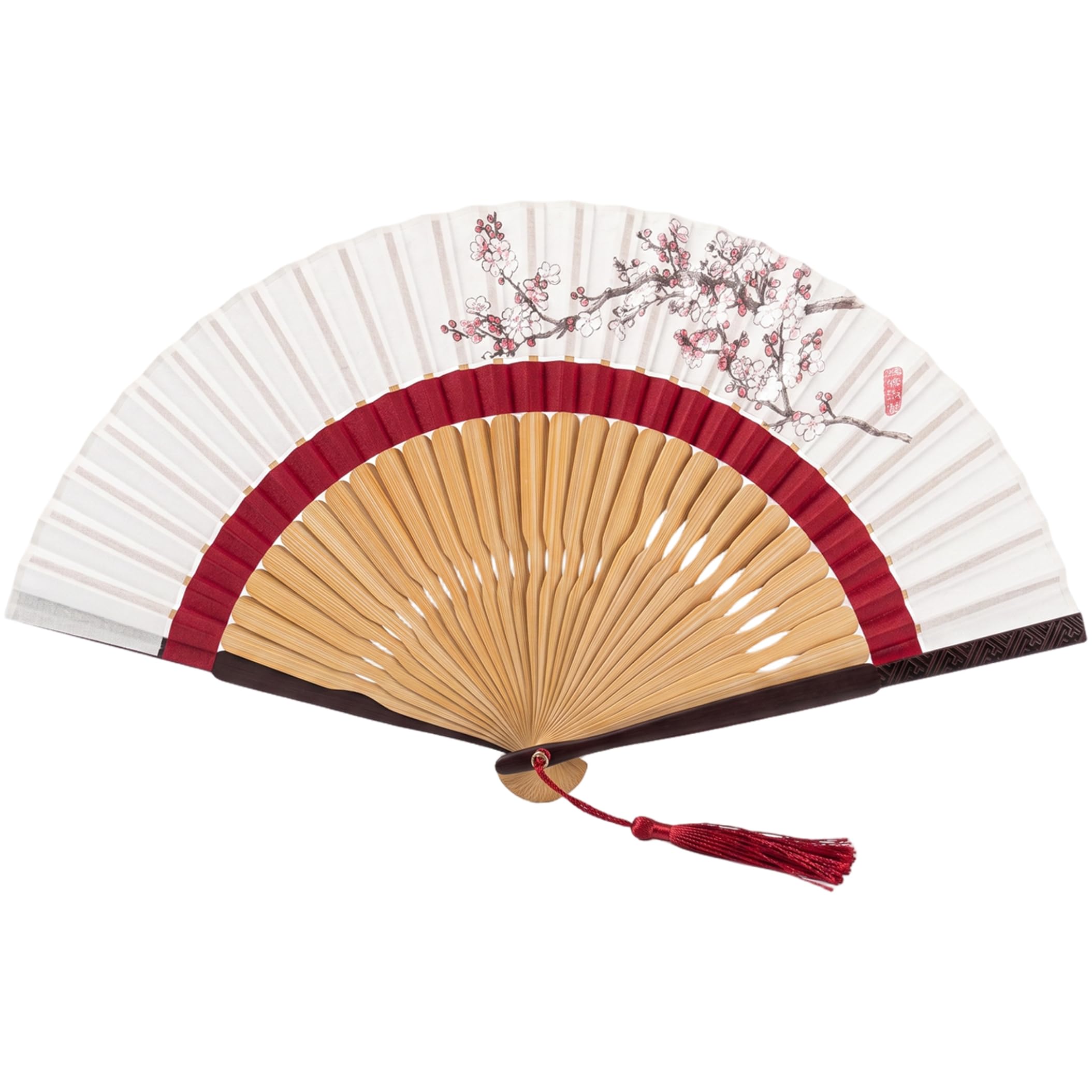 Nukinp Folding Hand Fan, Chinese Fan With Cotton Linen Ink Painting Surface, Double-section Bamboo Ribs & Tassel Decor Style 1