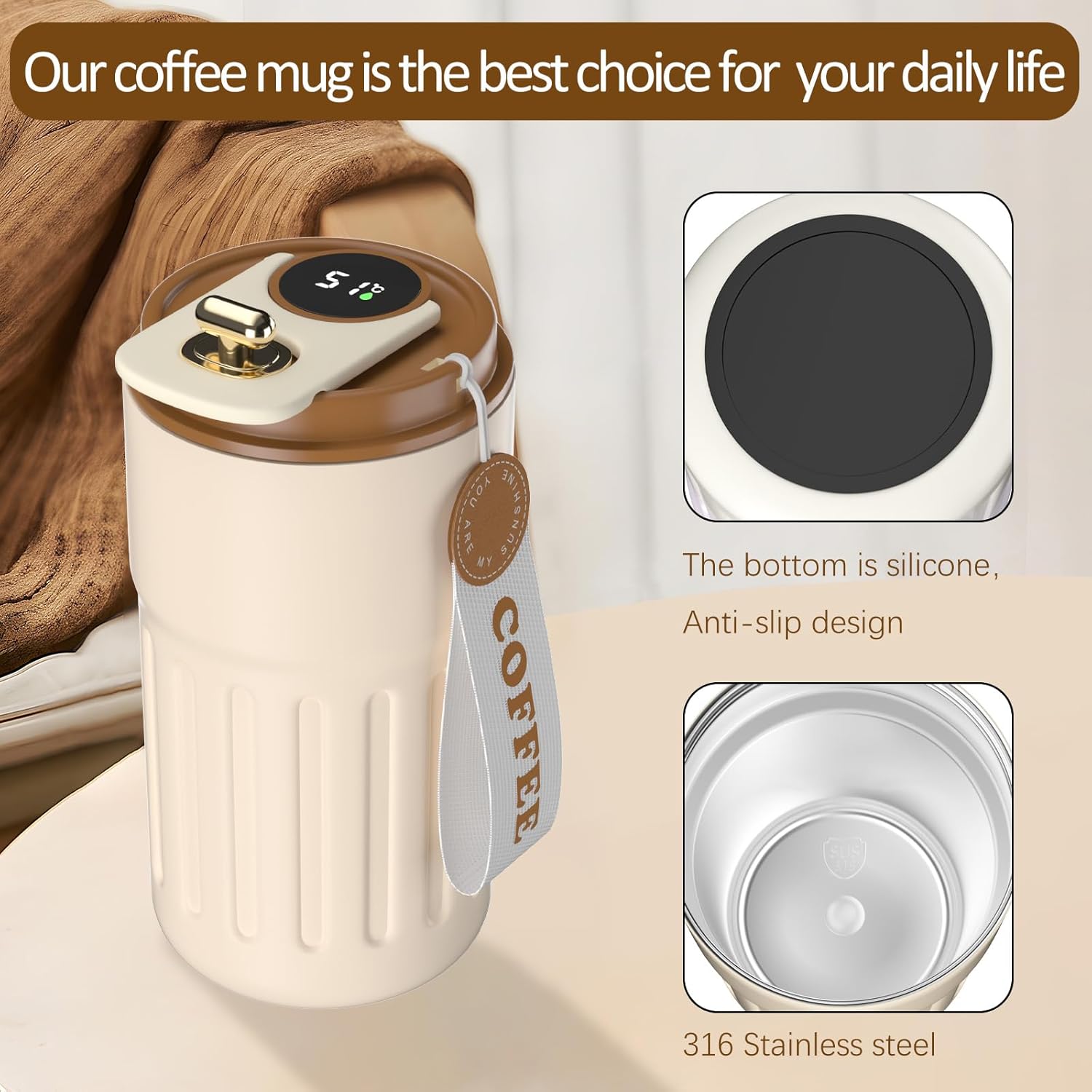 Homealexa Coffee Mug to Go Digital Display Thermal Mug Coffee to Go 410 ml 316 Stainless Steel Travel Coffee Mug Insulated Vacuum Thermal Mug Leak-Proof Thermal Coffee Mug with Lid for Coffee – Bild 5