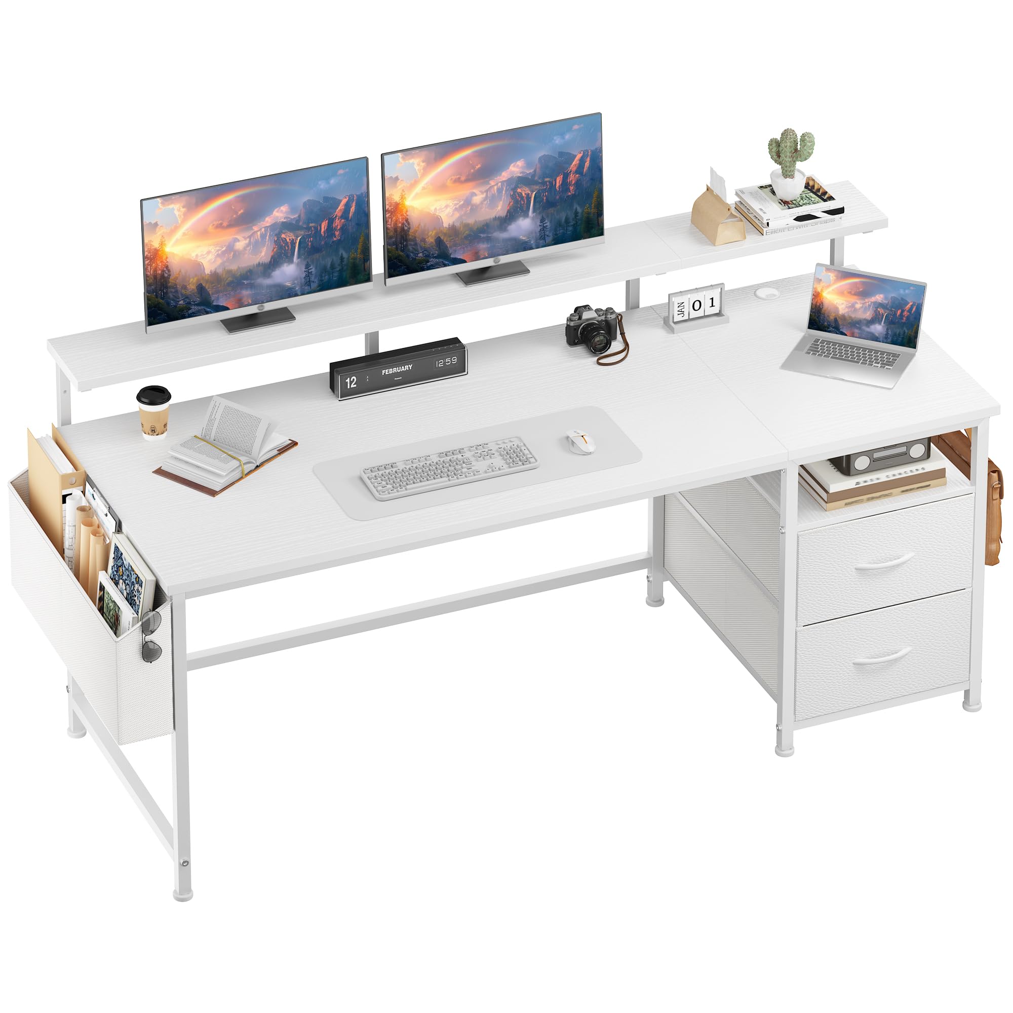 140x48 cm Rettangolare Scrivania per Studiare, Lavoratori, Bianco | Ergonomia Scrivania con 2 Cassetti, 1 Organizzatore Appeso, Supporto per Monitor, 3 Altezza regolabile, Gancio per Gaming