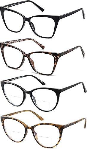 LKEYE Gafas de lectura de gran tamaño para mujer, lectores de ojo de gato + lentes de lectura bifocales para mujer, ojo de gato, luz azul, lectores