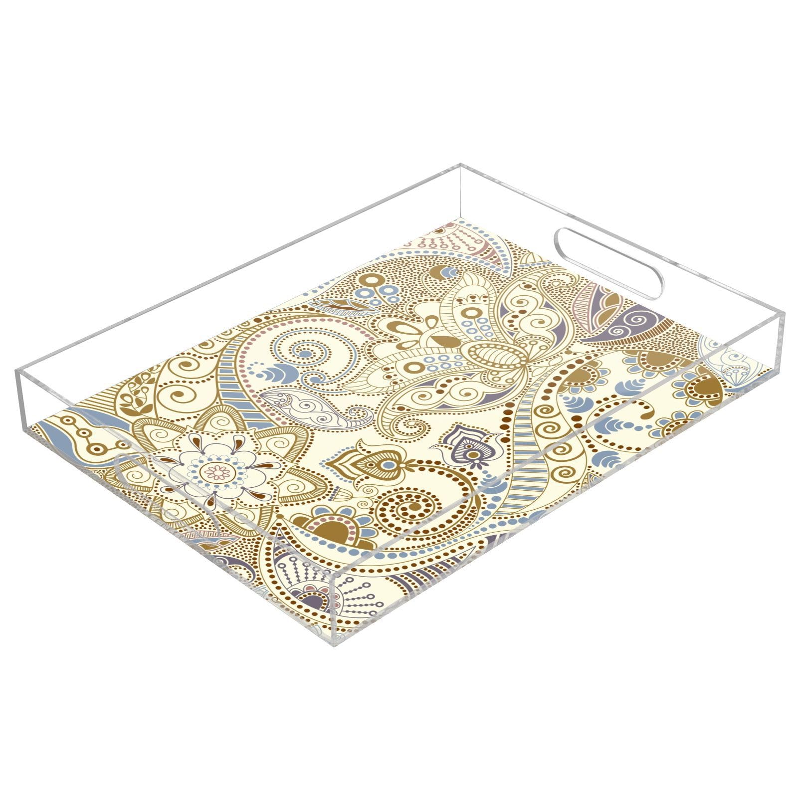 Bandeja rectangular de acrílico transparente con asas, bandeja de desayuno de 12 x 16 pulgadas, bandeja de desayuno acrílica ligera, patrón floral, a prueba de derrames, bandeja de acrílico