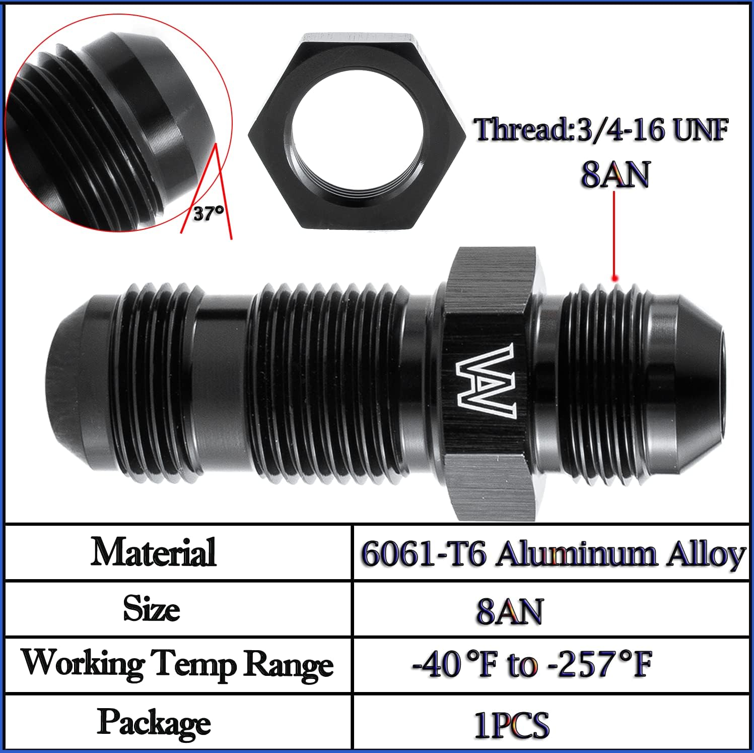 8AN to AN8 Straight Bulkhead Fuel Fitting, Male to Male, with Nut Aluminum Black