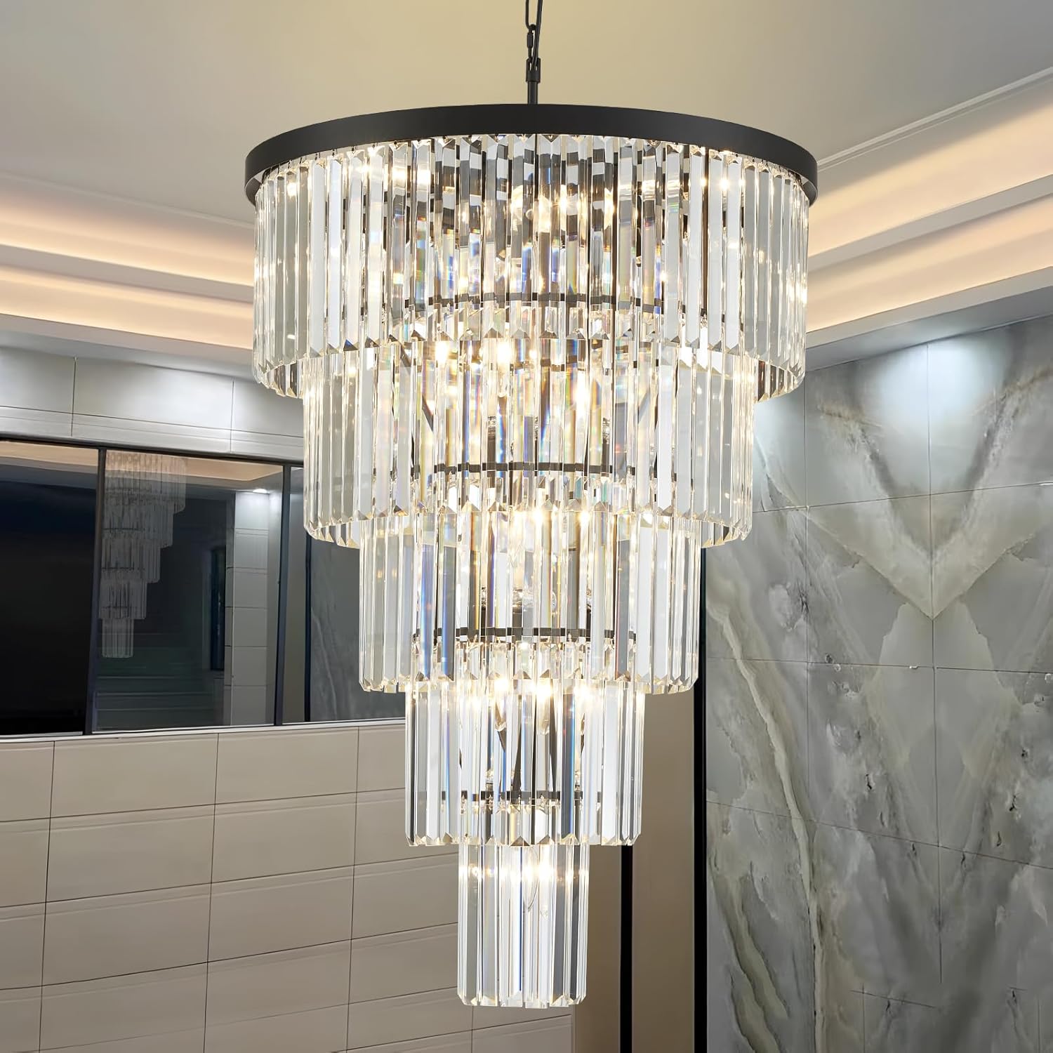Crystal Chandelier, 35.5-inch Height, 5-Tier Modern Black, Round Light Fixture for Entryway Black H35.5", D23.6"