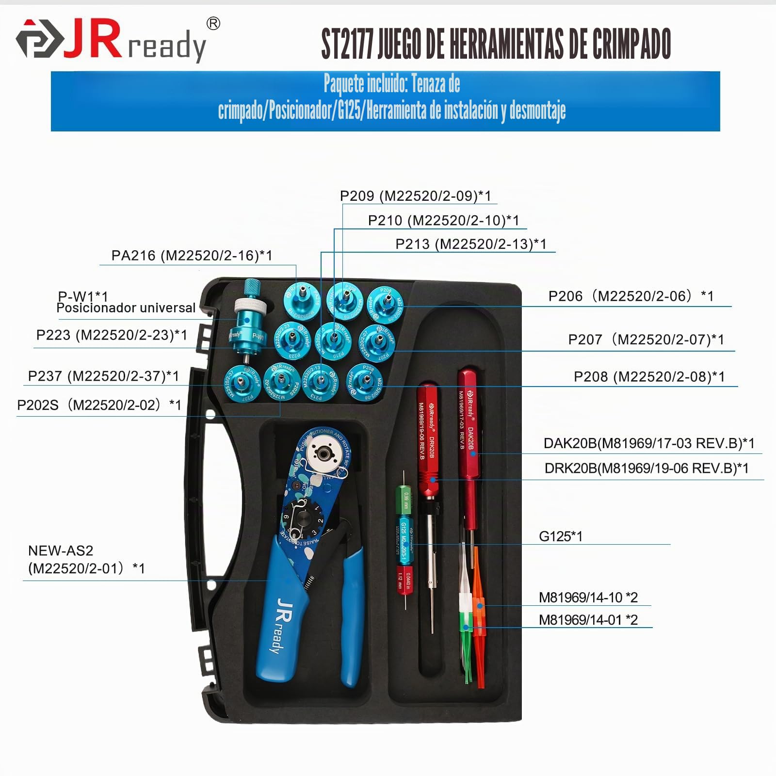 JRready ST2177 Crimpadora NEW-AS2 con 11 Pcs Posicionadores y 6 Pcs Herramientas de Extracción y Calibre G125, Kit de Herramientas de Crimpado para Conectores Miniatura y Subminiatura Mazo de Cables