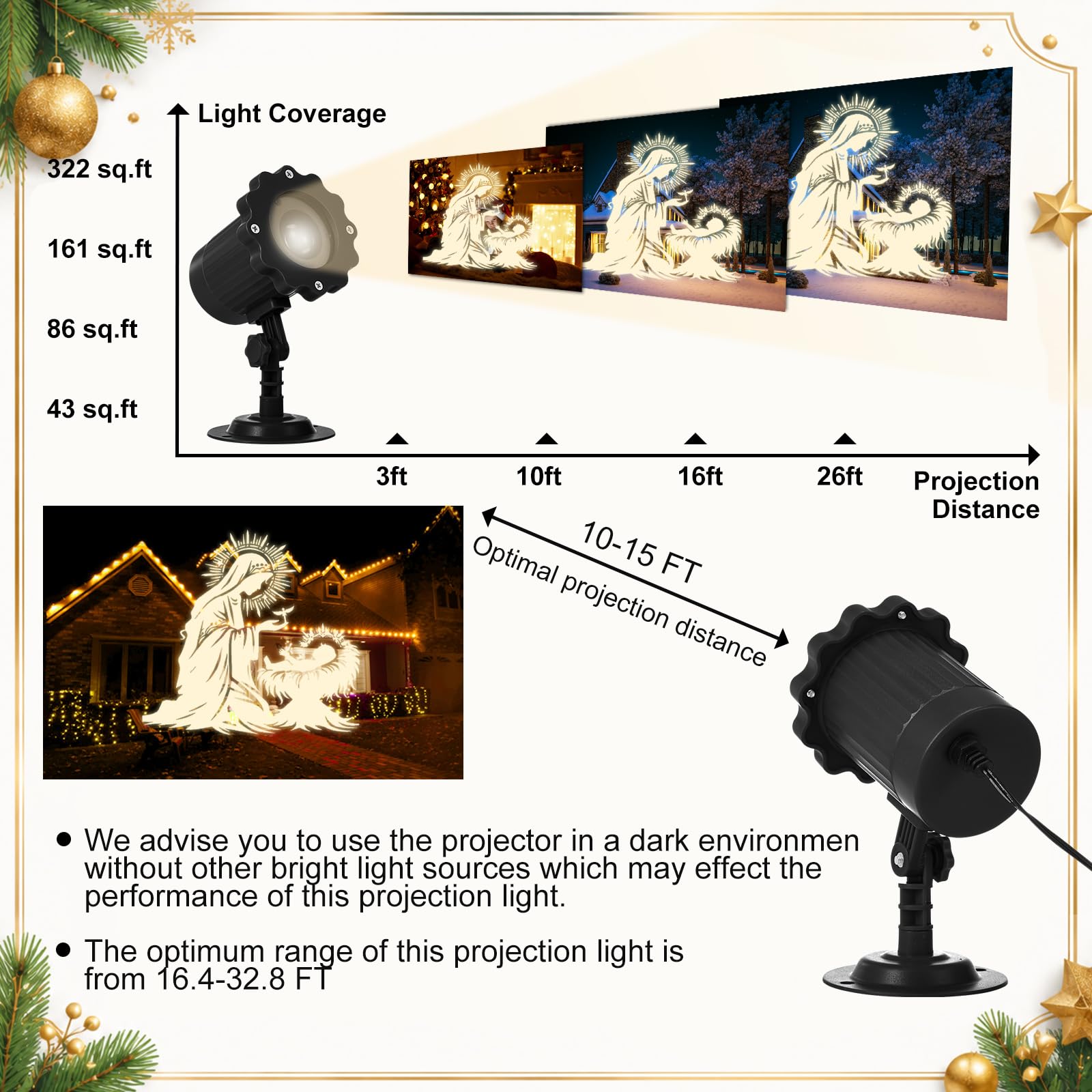 BBTO Proiettore di Luci Natalizie 1 Pezzo – Effetto Dinamico, Proiezione Simile a Ologramma 3D, Funzione Timer, Proiettore Natalizio per Interni ed Esterni, Motivo Presepe di Natale