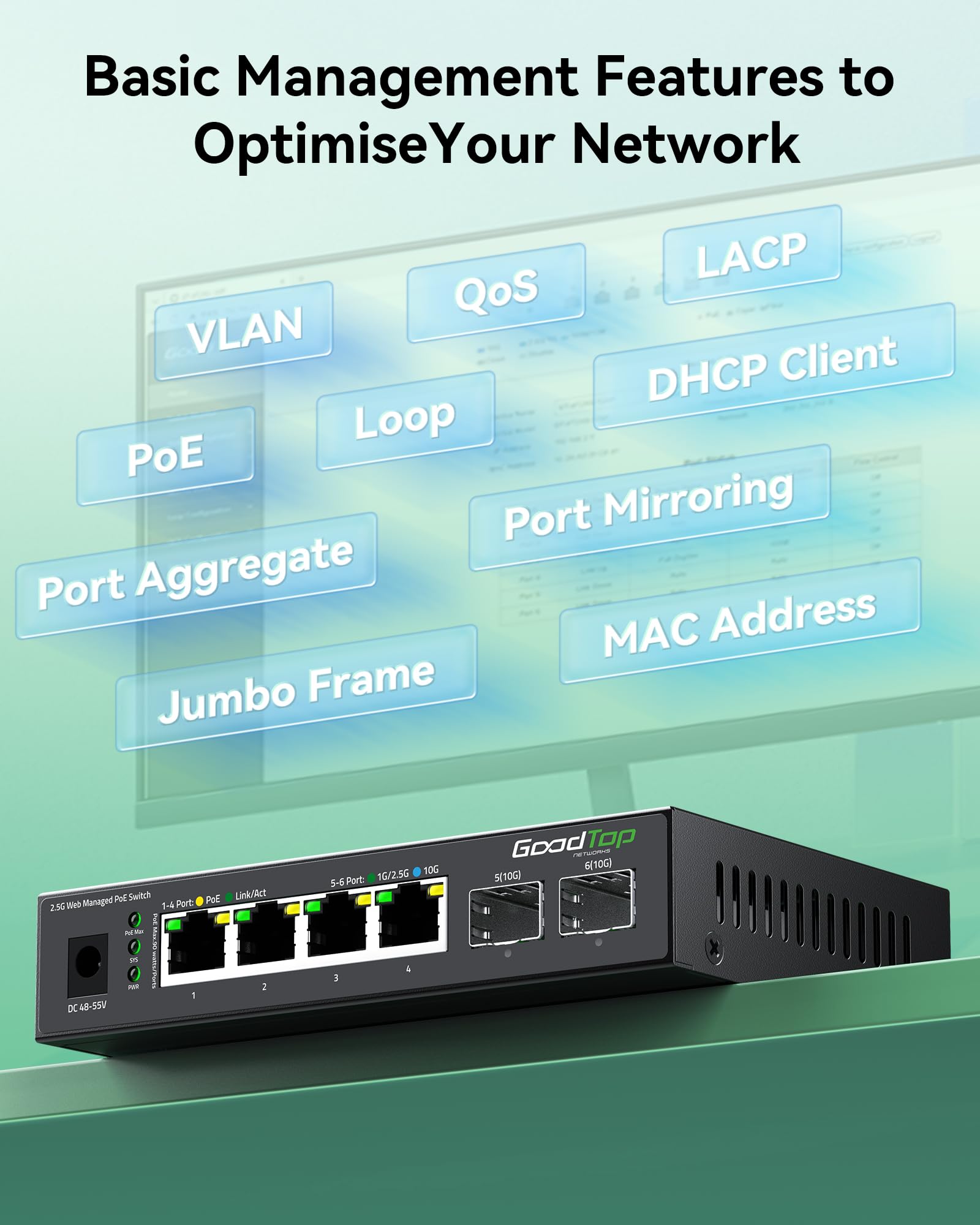 Switch gestito PoE++ da 2,5 GB, 4 PoE da 2,5 G 90 W + 2 SFP da 10 G, budget