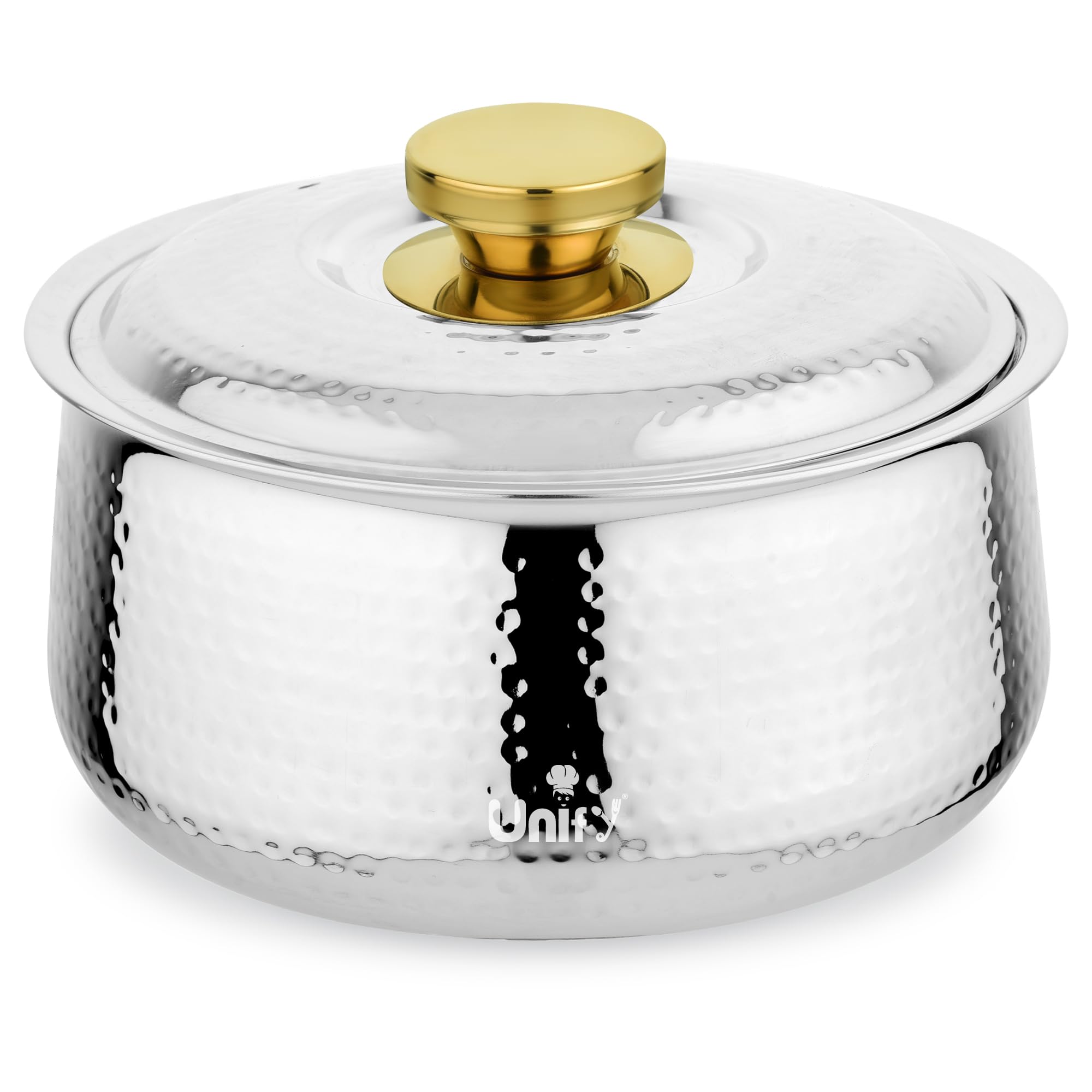 Unify Inox Stainless Steel Insulated Casserole Hot Pot 1600 ML with PVD Gold Plated Handle | Hammered Finish Roti Server & Chapati Box | Food-Grade BPA Free | Keeps Food Fresh (Silver)