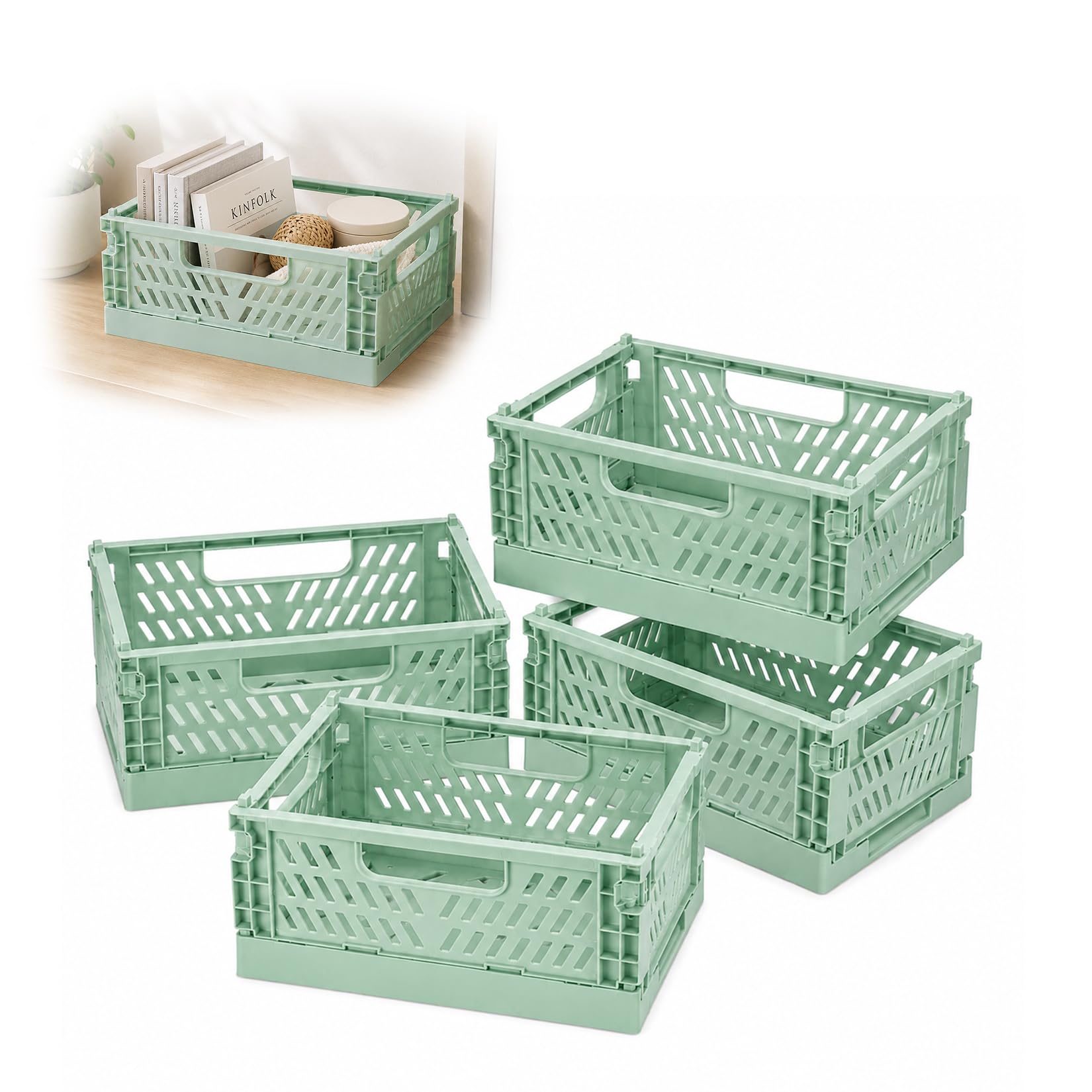 PIANKEKE 4 Pcs Collapsible Storage Boxes, Stackable Storage Baskets, Folding Crates, Foldable Basket, Plastic Foldable Crates for Office Kitchen Bathroom Cupboard Storage Organiser (Green)