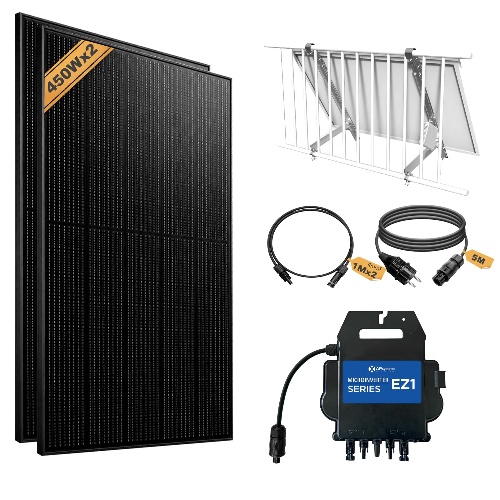 enjoy solar® Balkonkraftwerk Set 800W | APsystems® EZ1-M 800W Mikrowechselrichter | 2× Skyworth 450W Solarmodule | 2x Balkonhalterung (verstellbar) inkl. Anschlusskabel