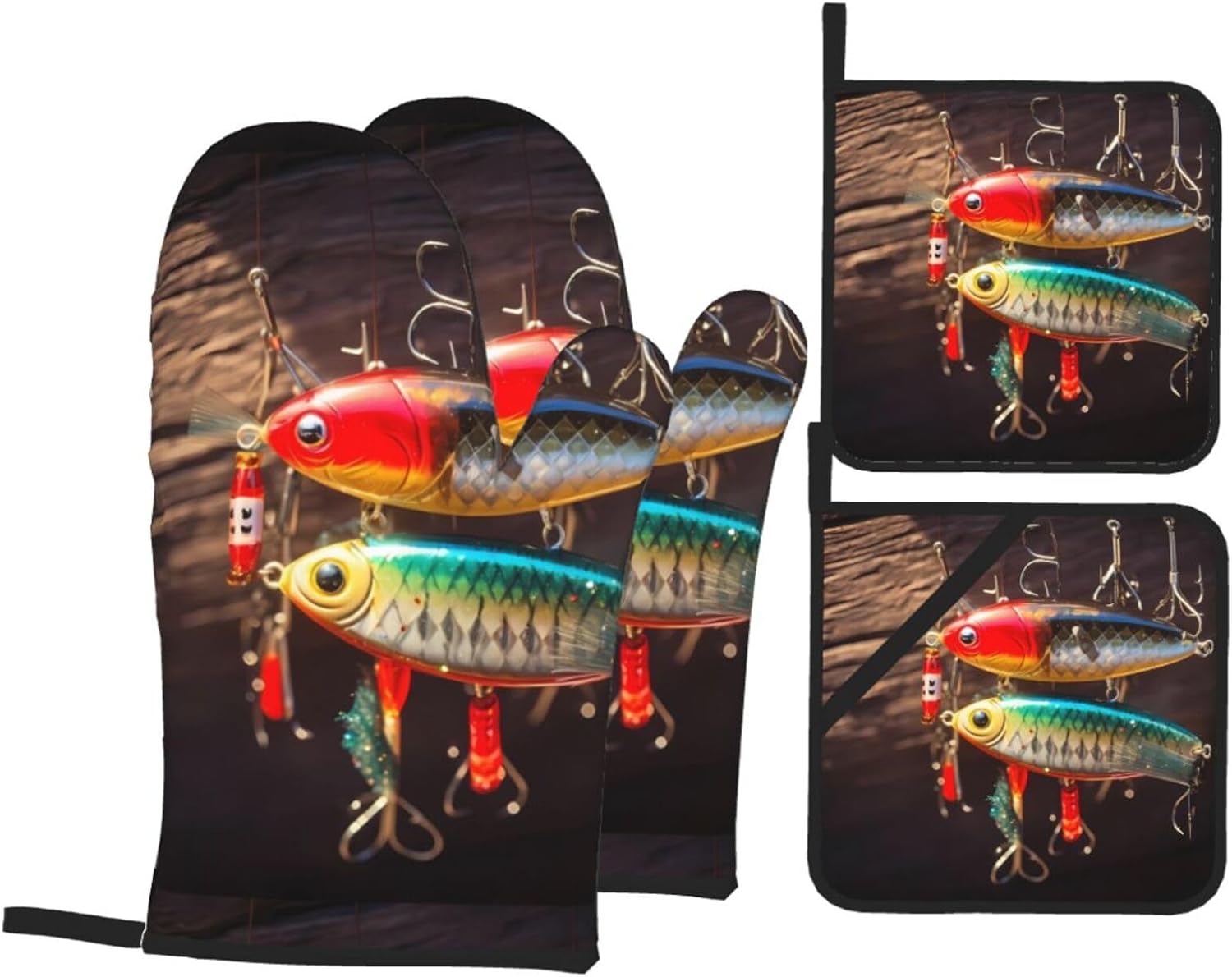 (Fishing Lure) Baking 4-Piece Set: 2 Oven Mitts and 2 Pot Holders Heat Resistant Waterproof Hanging Loop for Kitchen Oven Grill Housewarming Gifts
