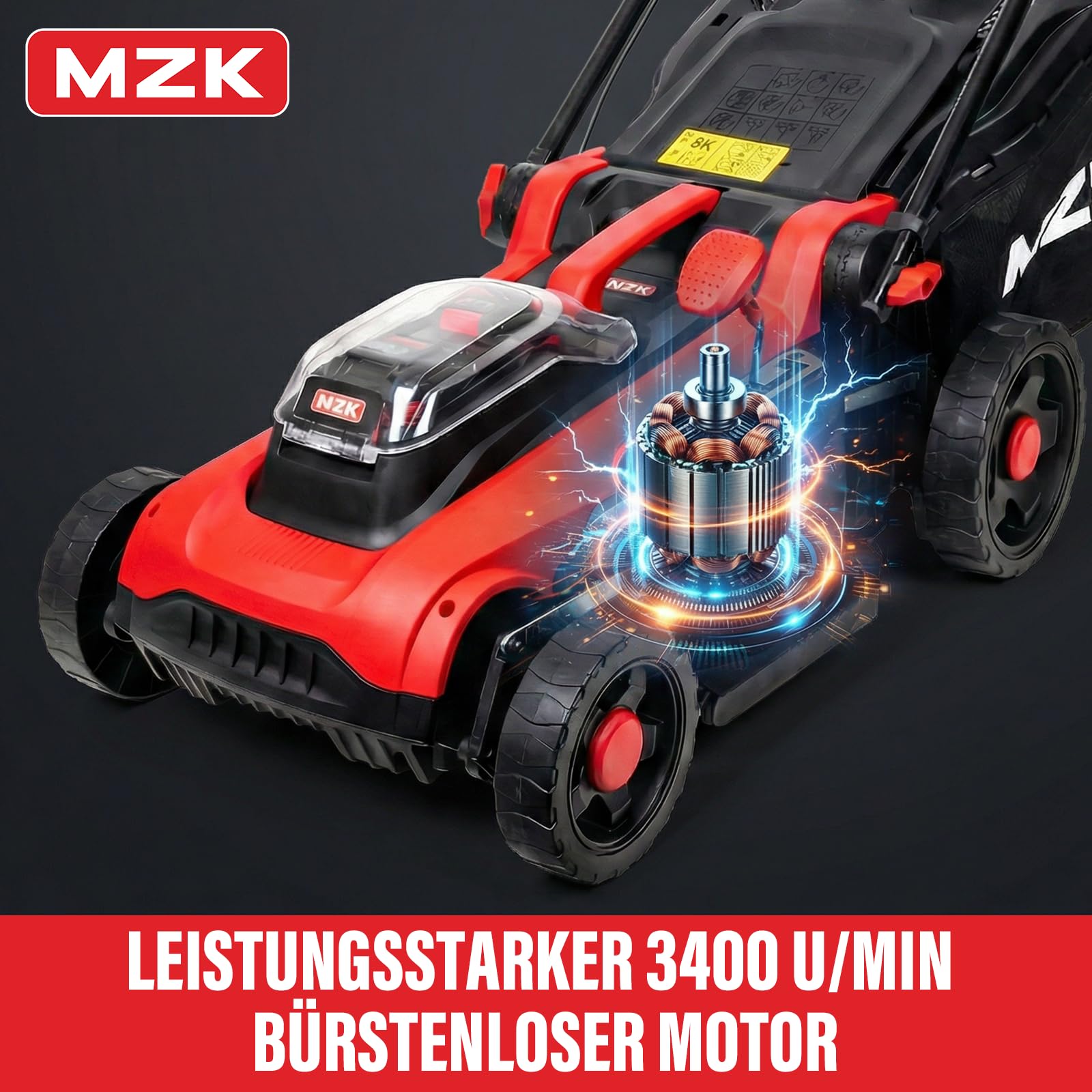 MZK 40V Akku-Rasenmäher, 41 cm Schnittbreite, 2-in-1 Bürstenloser Akku-Rasenmäher, Schiebemäher mit 5-facher Schnitthöhenverstellung, inkl. 2 x 4,0 Ah Akkus & Ladegerät