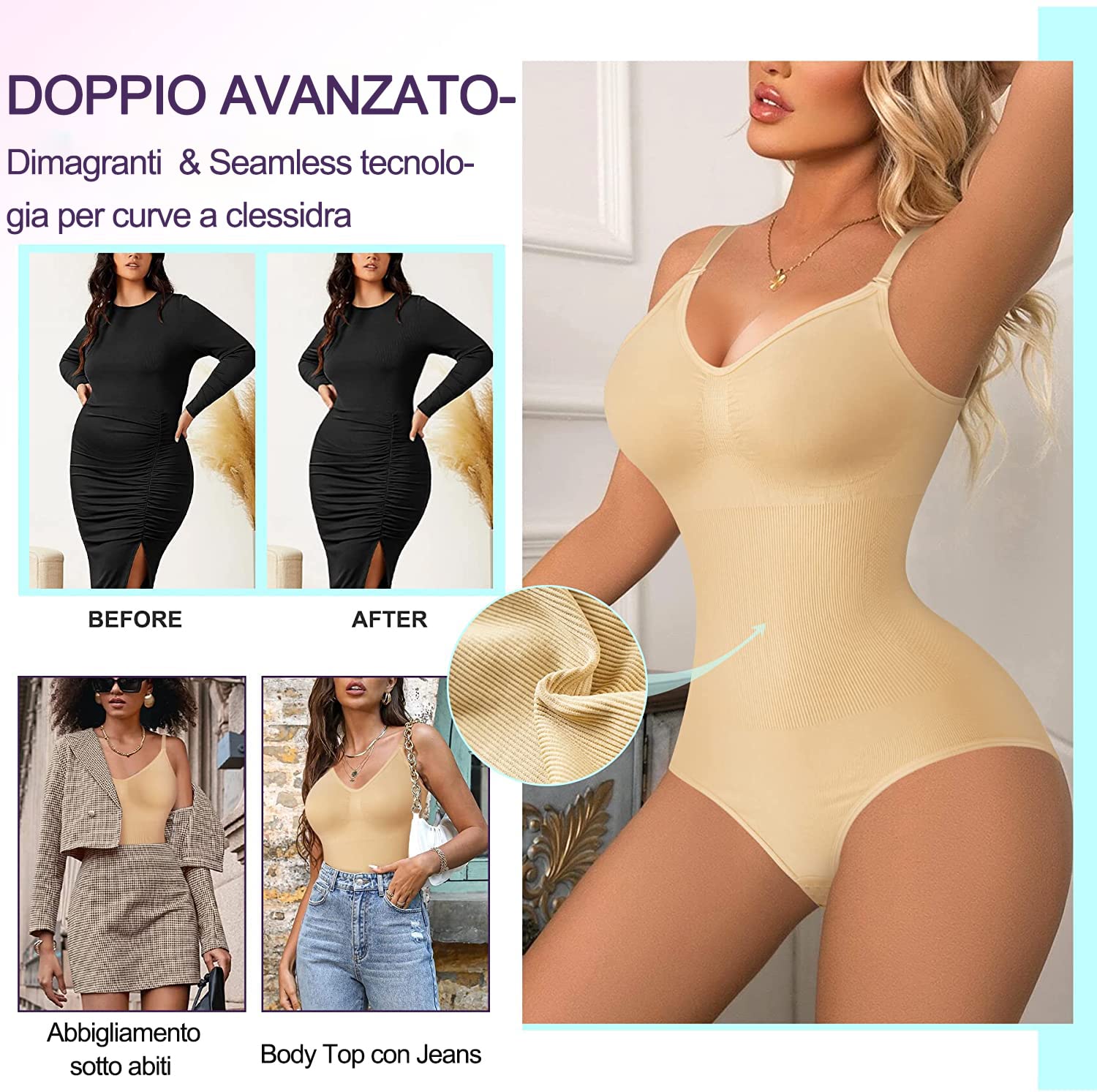 Gotoly Body Modellante Donna Shapewear Body Contenitivo Modellante Spallino Regolabile Intimo Snellente Shaper Pancia Piatta Dimagrante Shaping Bodysuit Bustier Seamless Fajas