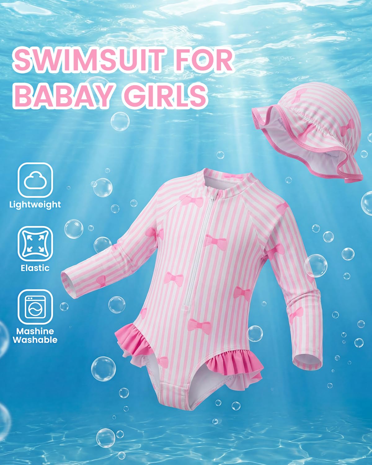 JiAmy Maillot de bain pour bébé fille avec chapeau de soleil, manches longues, protection UV, maillot de bain pour bébé fille
