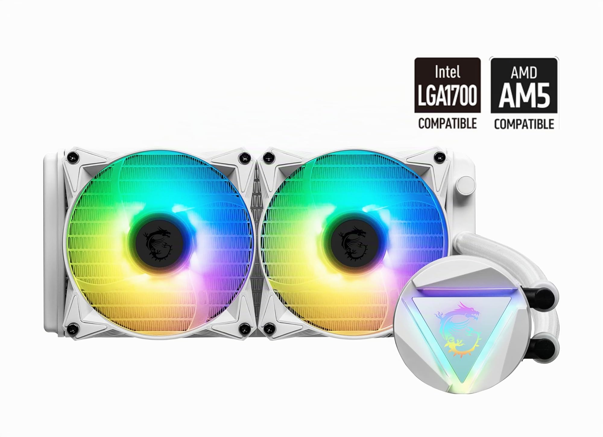 MSI MAG CORELIQUID 240R V2 Blanc Kit AIO Watercooling CPU, Tête Waterblock ARGB Rotative, Pompe de Radiateur Intégrée, Disposition Split-Flow, Tuyaux Anti-Évaporation, Compatible AMD & Intel