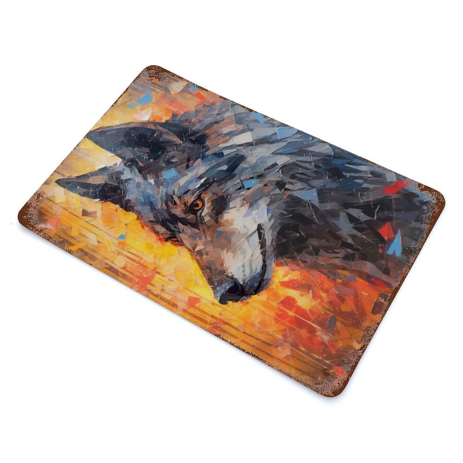 Garage Style Wolf Portrait in Autumn Weathered Tin Sign 11.8"x7.9", Classic Wall Plaque for Bar And Workshop