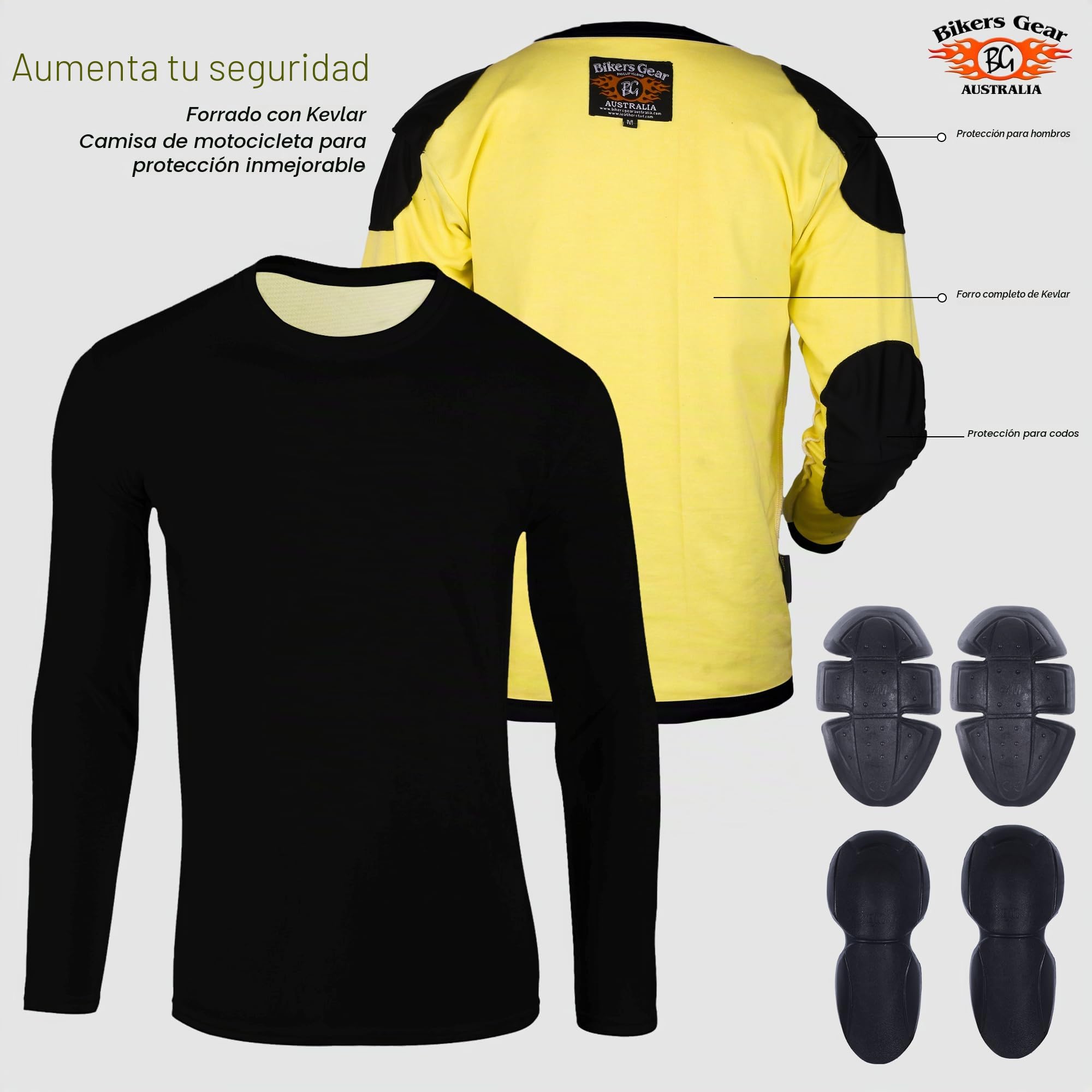 Bikers Gear - Camisa protectora para motocicleta Kevlar, camisa blindada pesada GSM Dupont™ Kevlar® aramida con armadura protectora para motocicleta