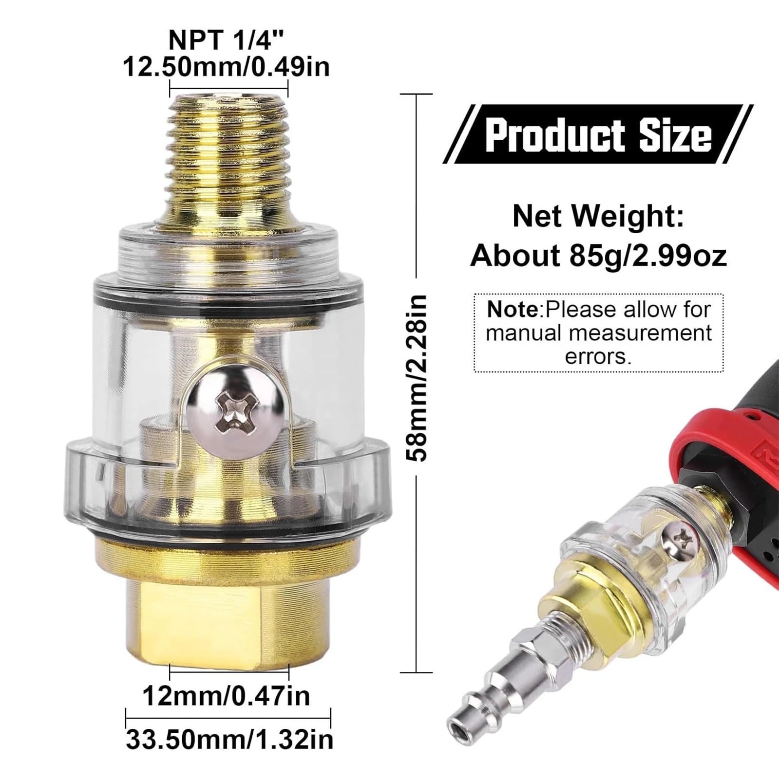 Mini lubrificatore in linea for aria compressa con porta NPT da 1/4" for utensili pneumatici e sistemi di compressione(4 pack)