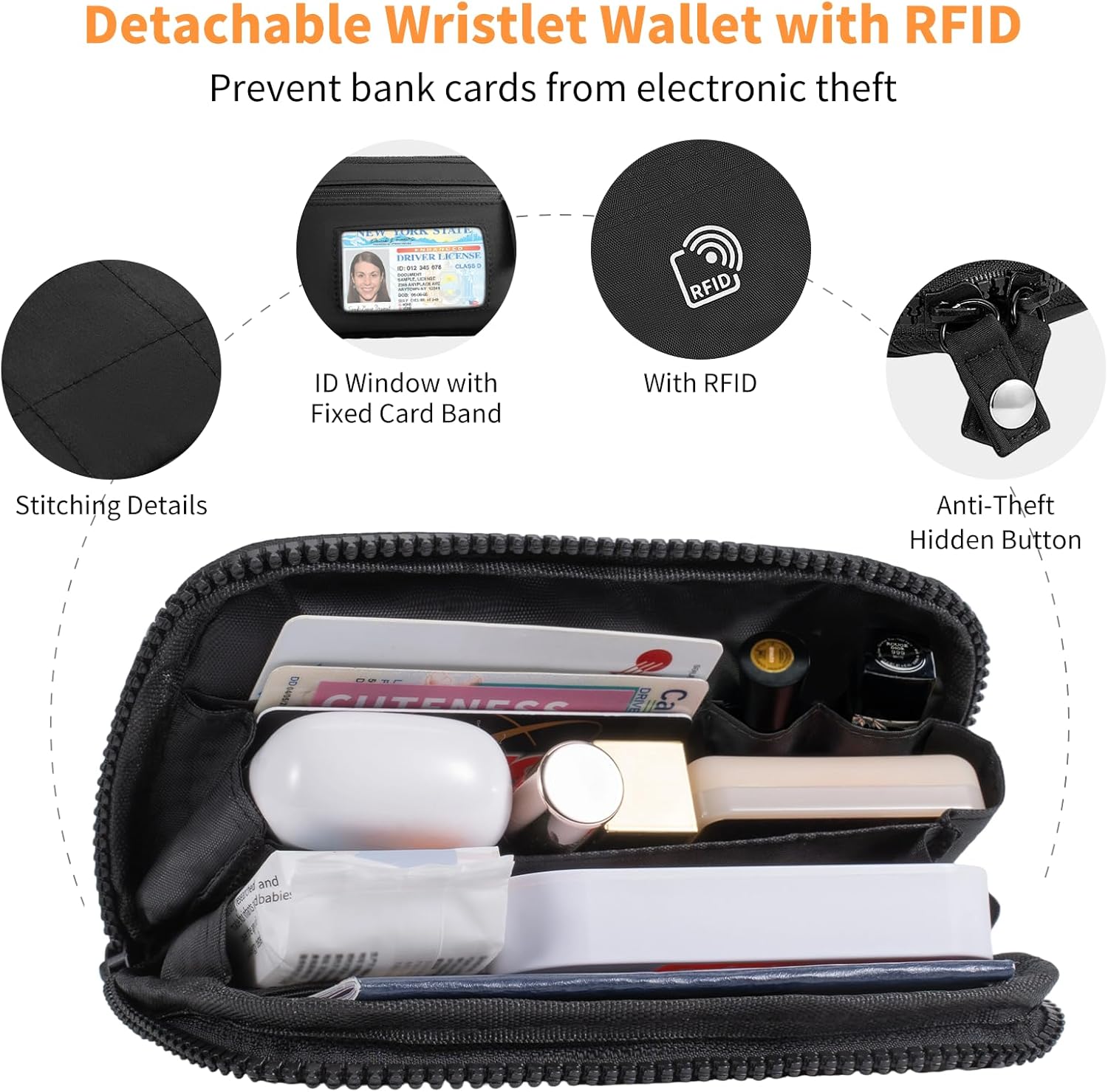Tiostep Clip and Go Strap for Phone with Wallet Crossbody Phone Lanyard with Anti-Theft Zipper Pouch Detachable Quilted Wrist Wallet with RFID and ID Window for Daily Travel. Black Large
