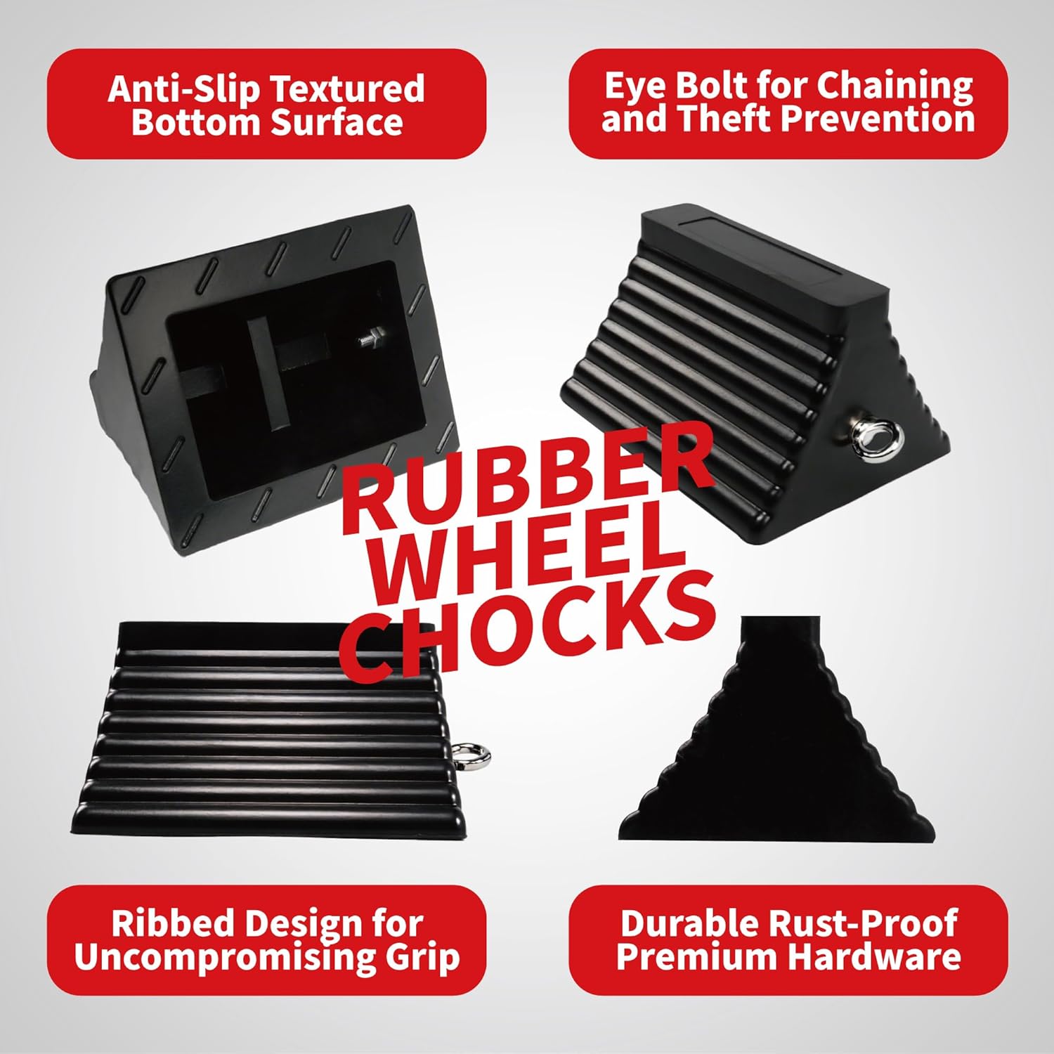 Heavy Duty Rubber Wheel Chocks with Eyebolt, Durable Rubber Made Tire Chalk Blocks, All-Weather, for Semi Trucks, Trailers, Cars, RVs or Other Heavy Equipments (2, Black)