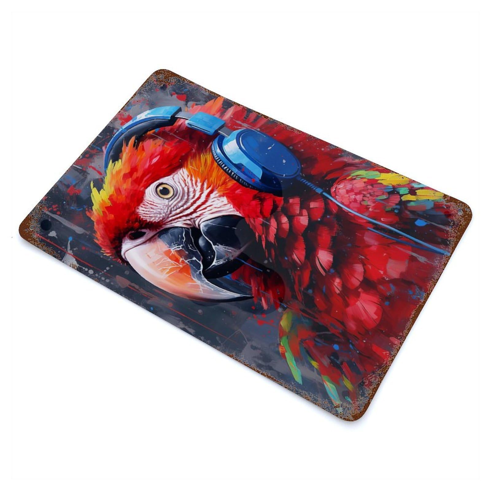 Rust Effect Macaw with Headphones Vintage Rust Metal Sign 11.8"x7.9", Vintage Wall Decor for Garage, Bar And Workshop Decor