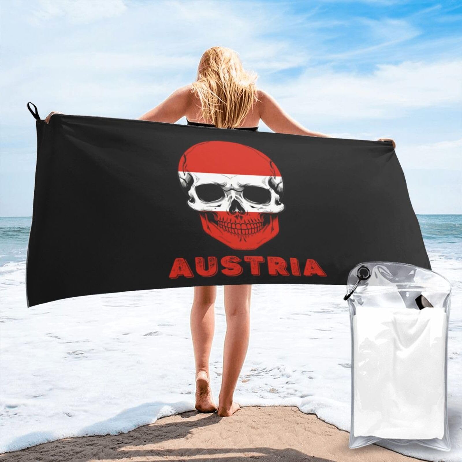 HACXZ Skull Austria Flag Lightweight Absorbent Beach Towel Microfiber Beach Towel 27.5"X55"