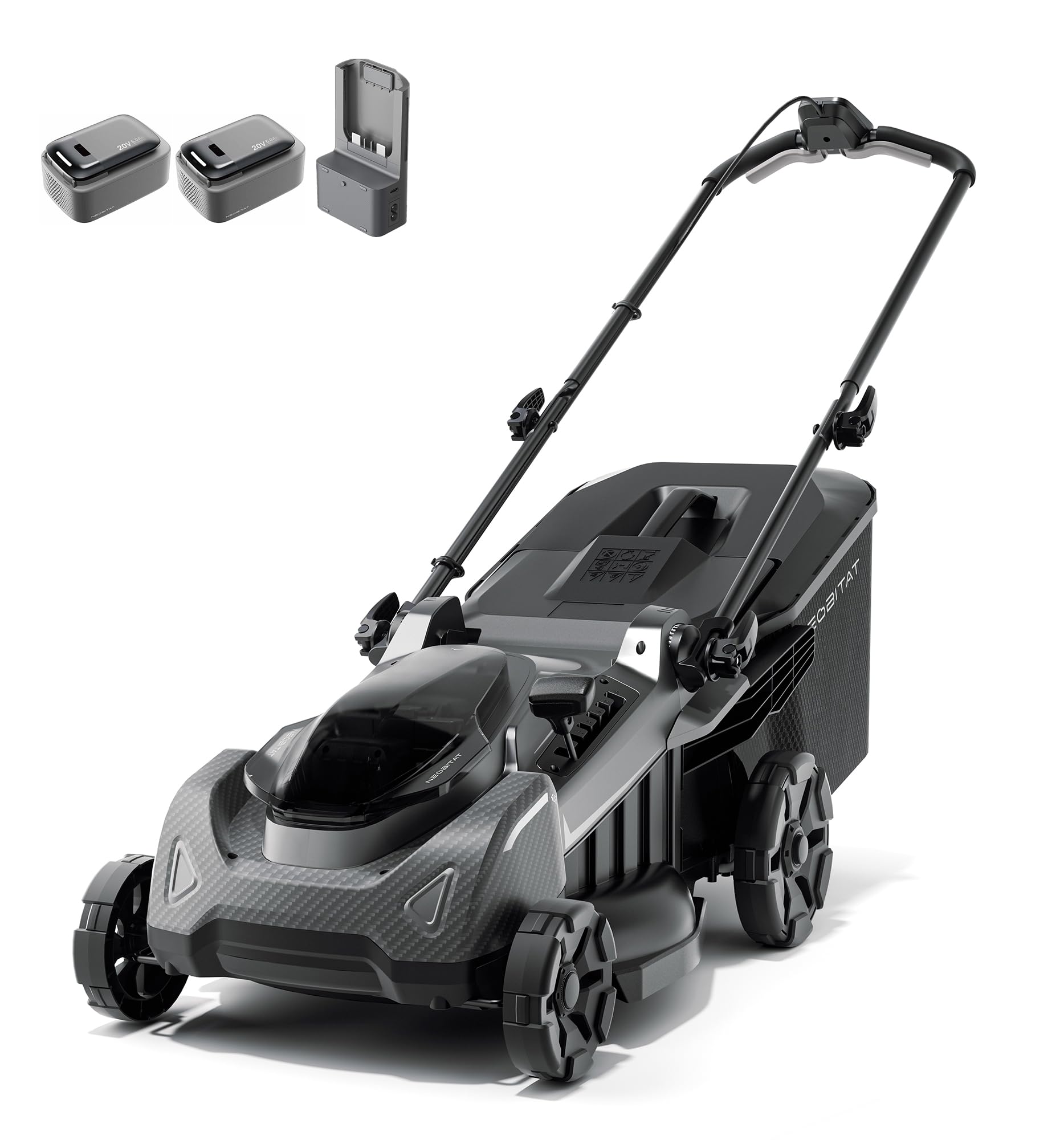 Selbstfahrend Akku-Rasenmäher 40V, 43 cm Schnittbreite, Brushless-Motor, Rasenmäher mit 2X 5,0 Ah Akkus & Ladegerät, 2-in-1 Mulchmäher & Fangen, bis 500 m², 25-75mm