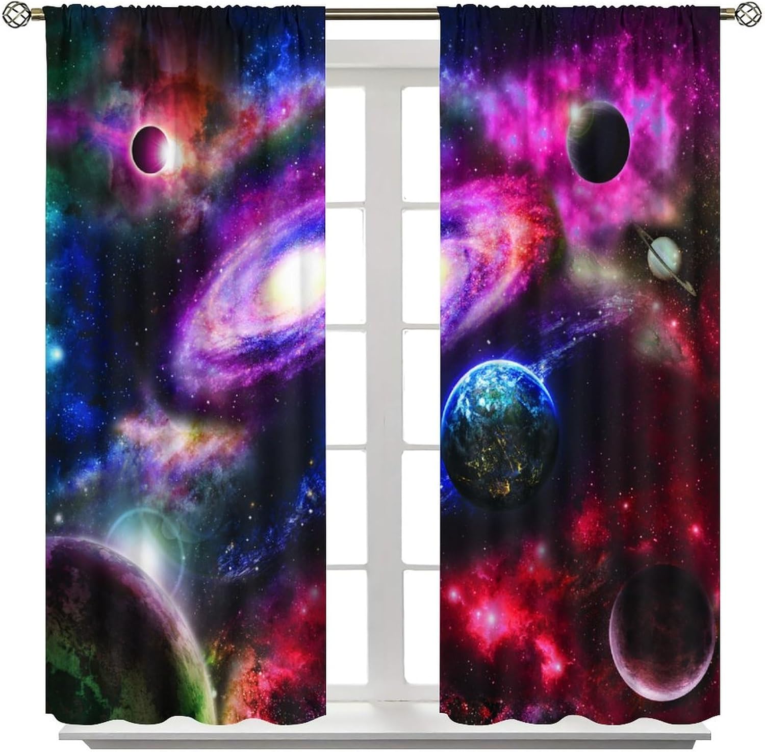 Blue Galaxy Curtains, Universe Star Planets Bright Cosmic Outer Space Blackout Rod Pocket Window Treatments Drapes for Teen Kids Bedroom Nursery Classroom 63" W X 63" L