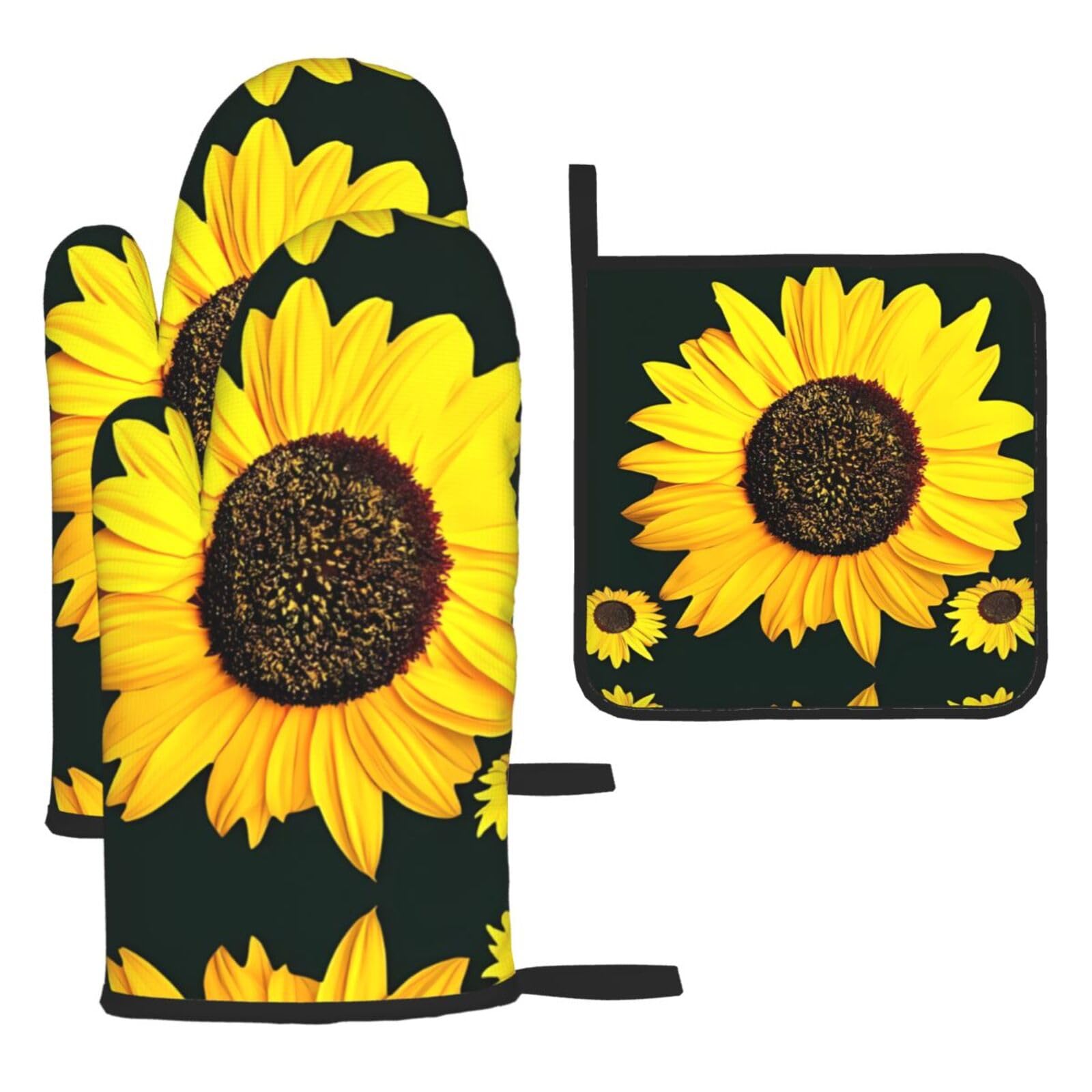 Bloom Sunflower Printed Kitchen Oven Mitt Set 3-Piece Heat Resistant Gloves with Pot Holder Mat for Cooking Baking BBQ