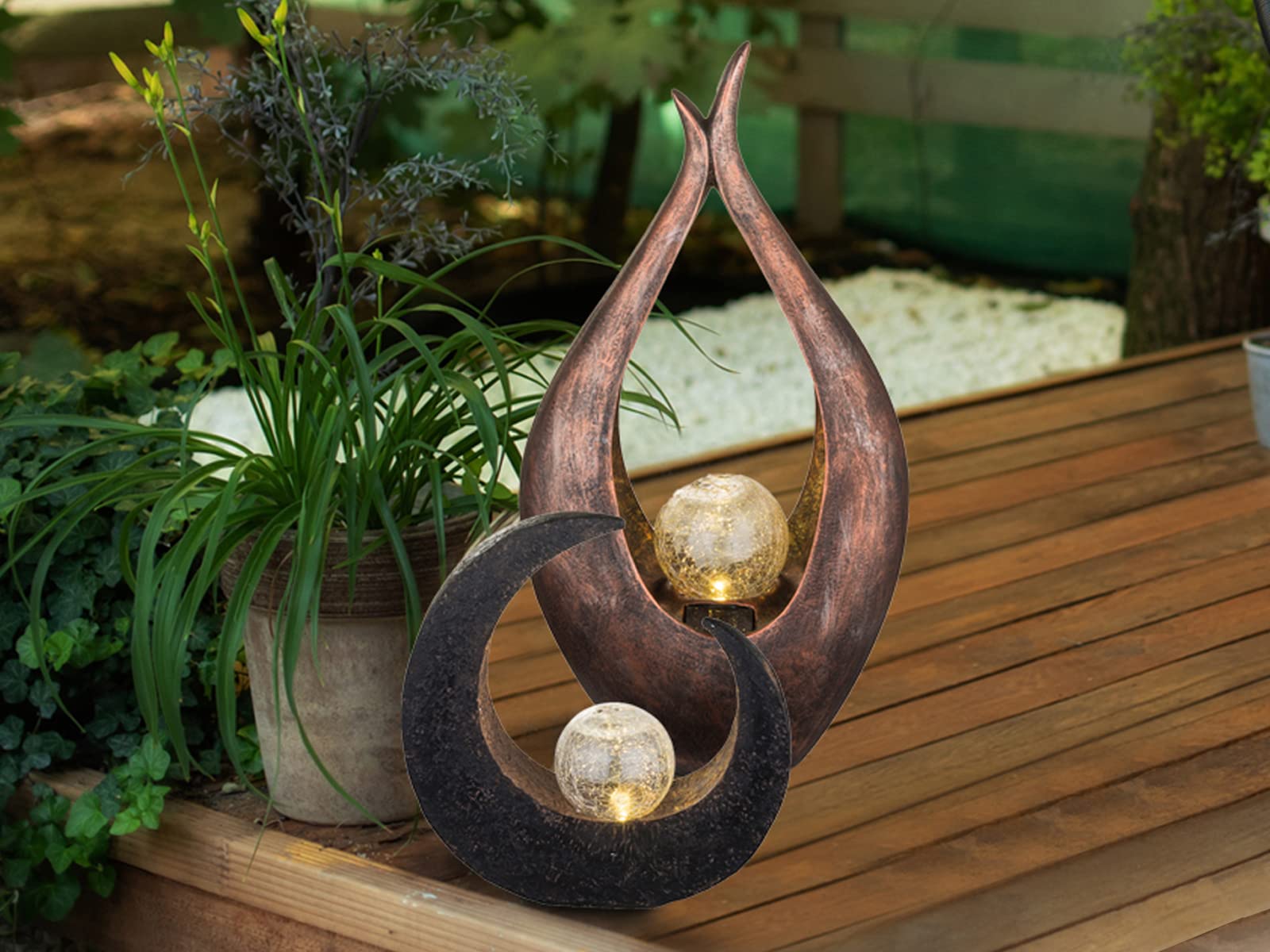 Set di 2 luci solari a LED con sfera in vetro crackle, colore bronzo, altezza 50 cm, effetto pietra, altezza 30,5 cm