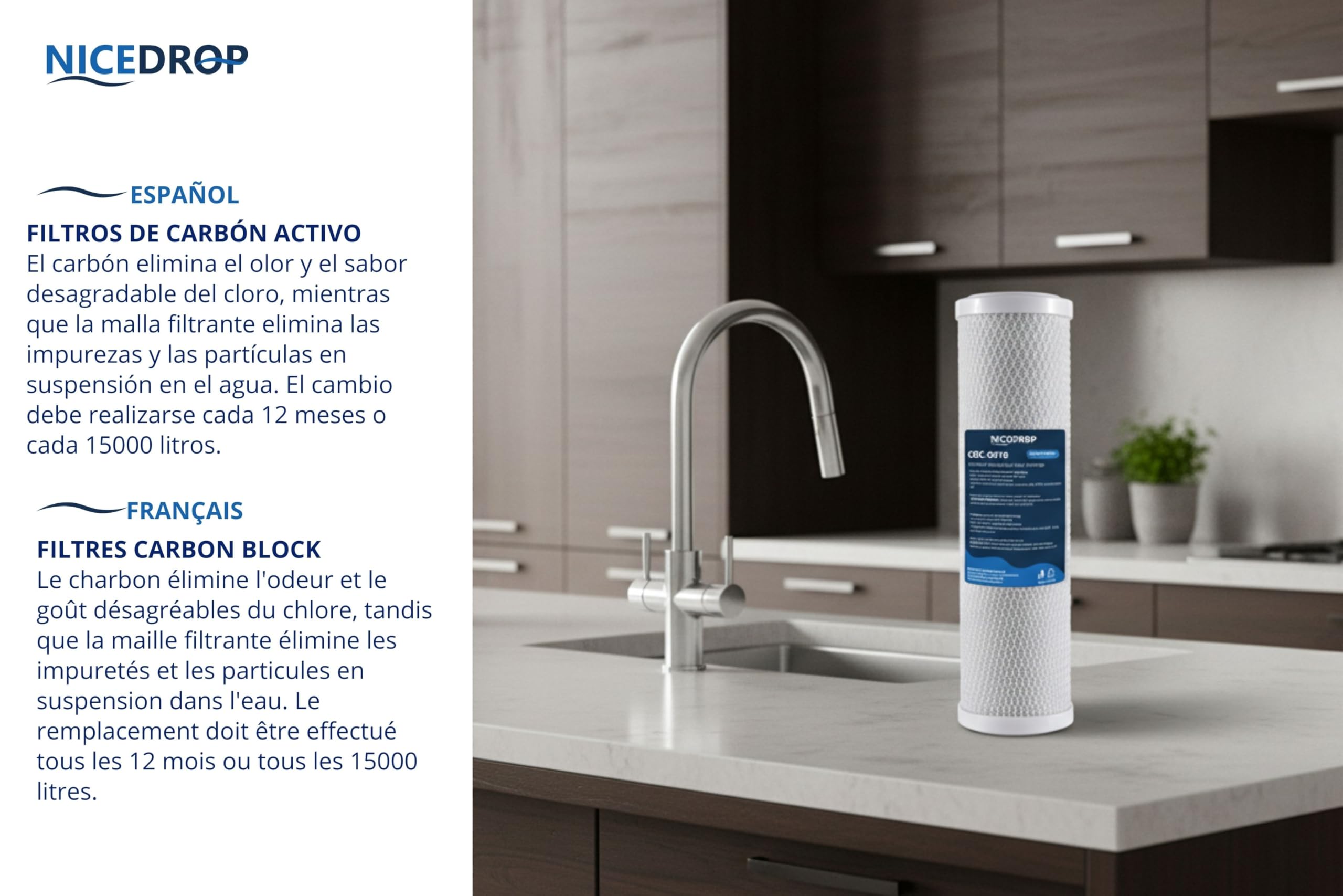 Carbon Block CTO 10" 5 Micron Filtro Acqua per Sistemi ad Osmosi Inversa - Carbone Attivo - Rimuove Sostanze Organiche - Sedimenti - Metalli - Pesticidi - Inquinanti - Cloro (6 Pezzi)