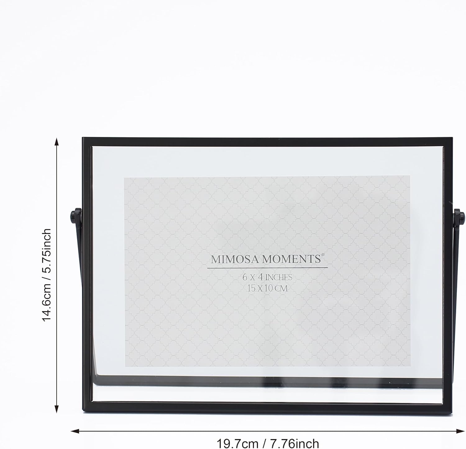 MIMOSA MOMENTS 4x6 Black Metal Floating Picture Frame, Horizontal Double Glass Tabletop Display, Modern Minimalist Photo Frame for Home & Office Decor
