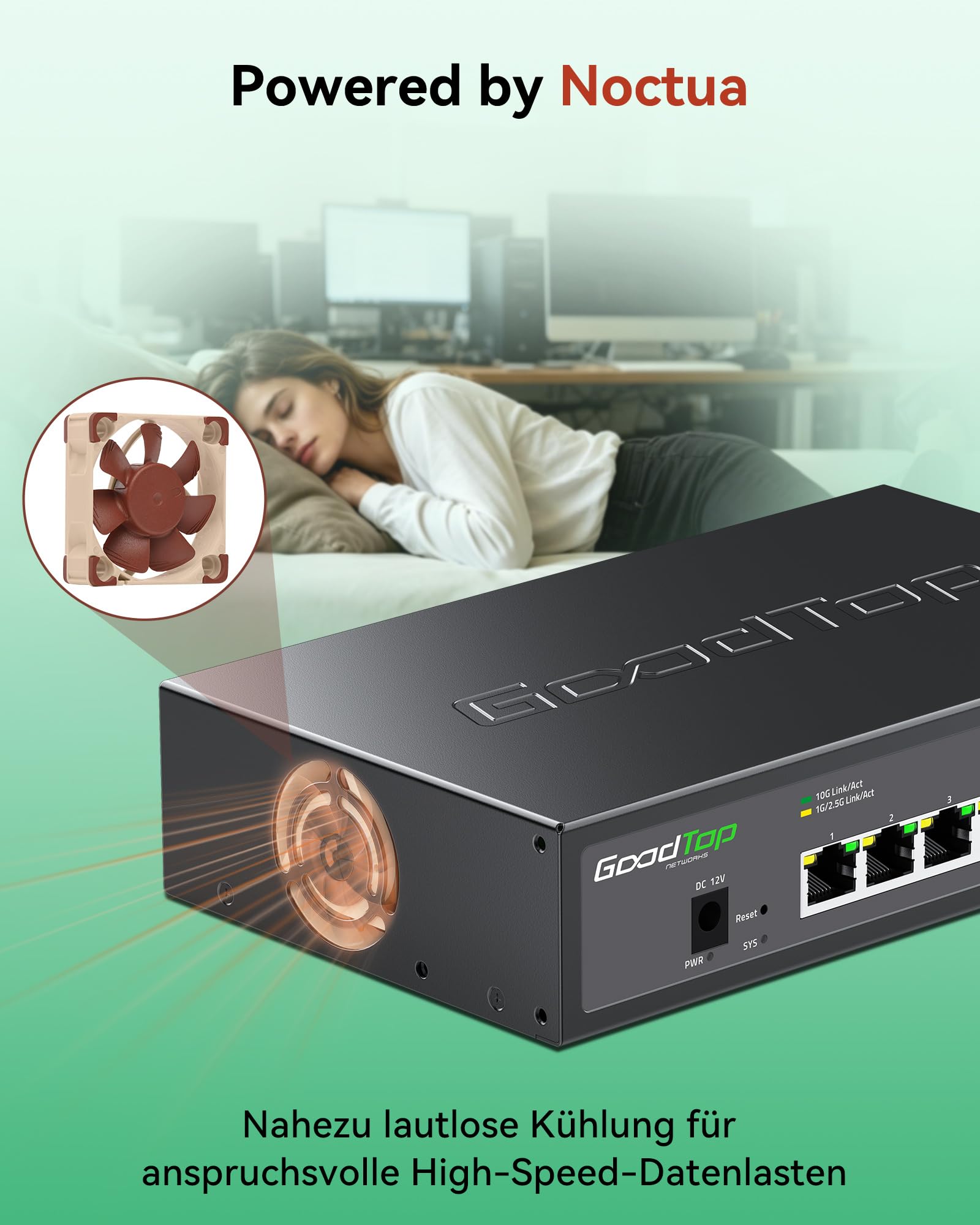 5-Port 10G Managed Switch, LAN Switch 10Gbit mit Noctua Silent-Lüfter