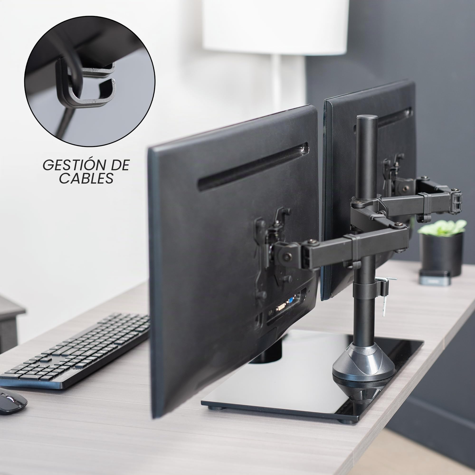 Vivo Soporte de Monitor Dual Independiente con Elegante Base de Vidrio y Brazos Ajustables, Monta 2 Pantallas de hasta 32 Pulgadas y 22 Libras Cada una, Negro, STAND-V002FG