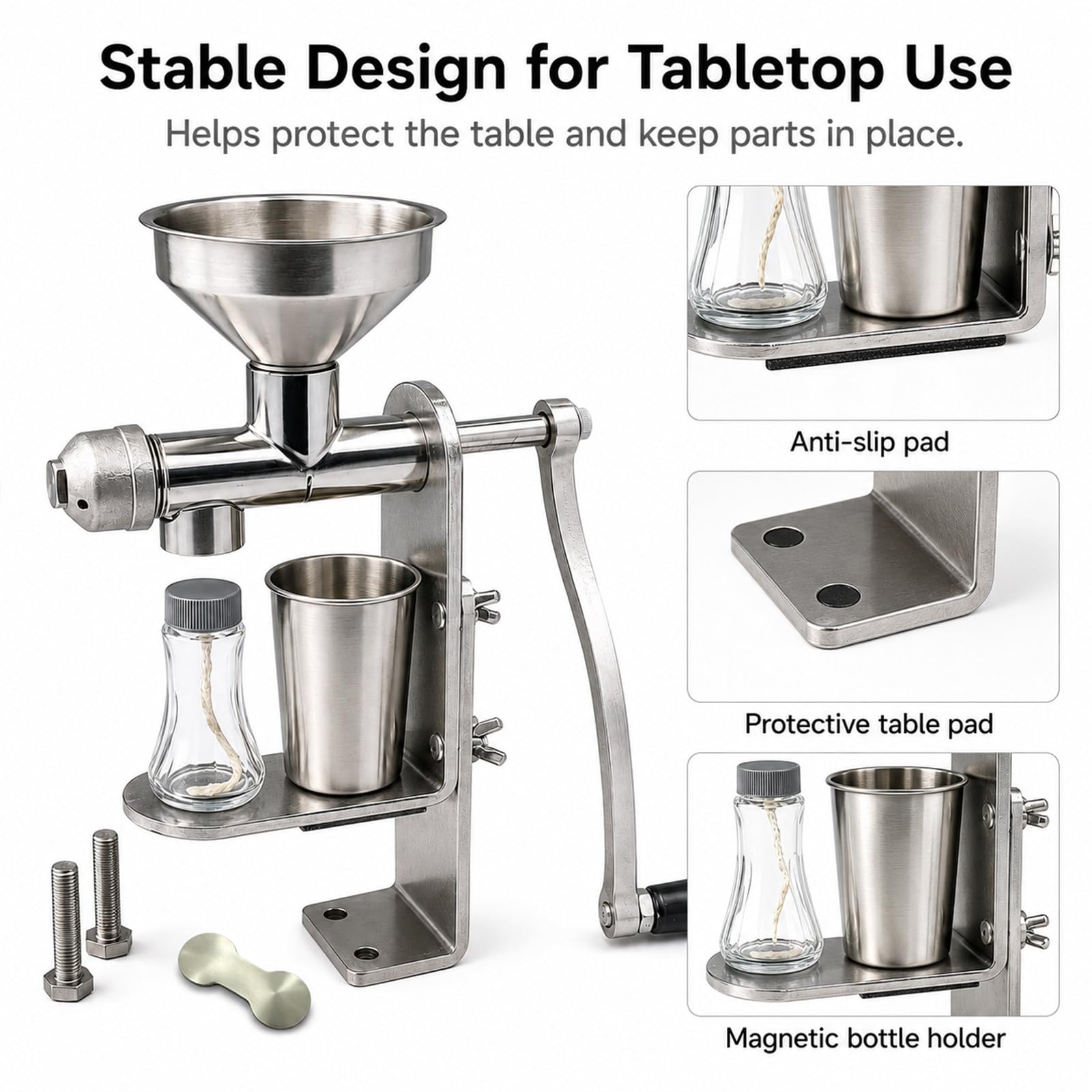 Prensa de Aceite Manual, Acero Inoxidable 304, prensado en frío | Para cacahuetes, sésamo, colza, girasol y semillas de té. Soporte de sobremesa con abrazadera resistente y colector.