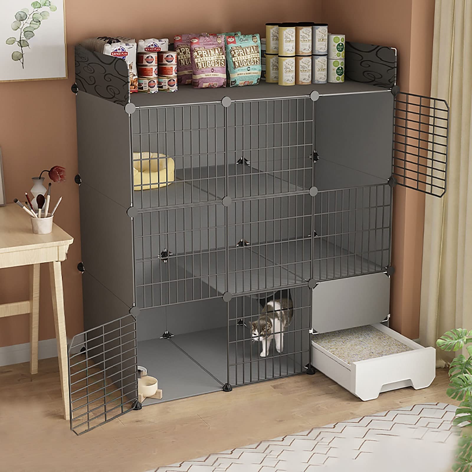 Gabbia per gatti da interno con lettiera, recinzione in metallo multistrato rimovibile per piccoli animali domestici, soluzione fai da te spazio extra large