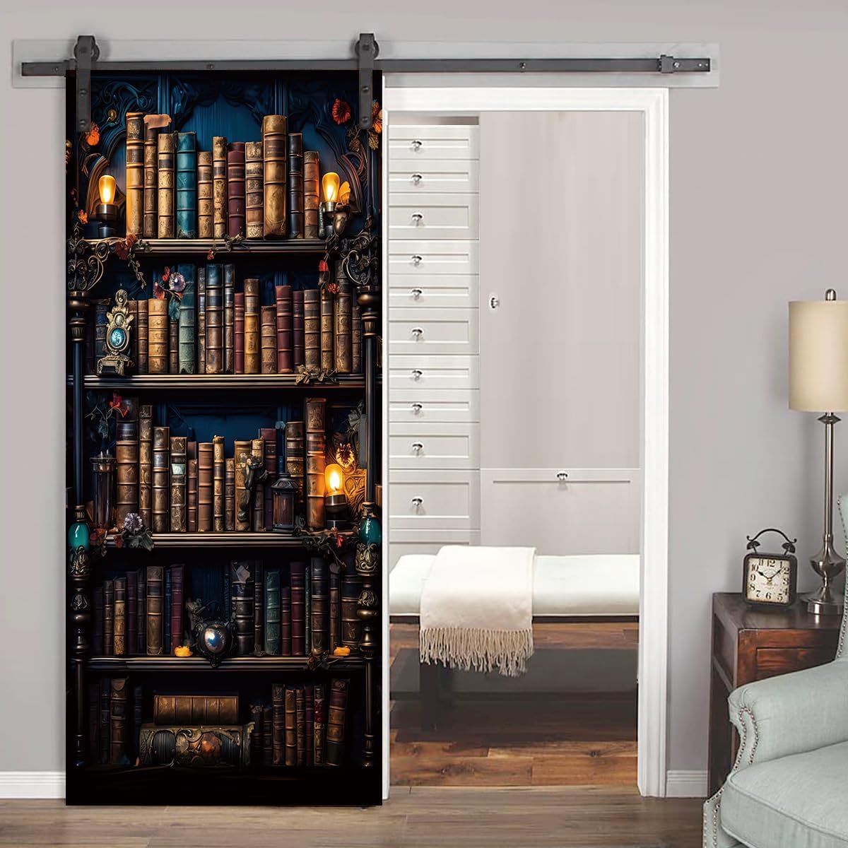 Door Sticker Wallpaper Murals Peel and Stick, Wall Sticker Decal for Bedroom Home Decor Waterproof, Removable Premium Vinyl Upgrade, Retro Bookshelf Bookcase and Books