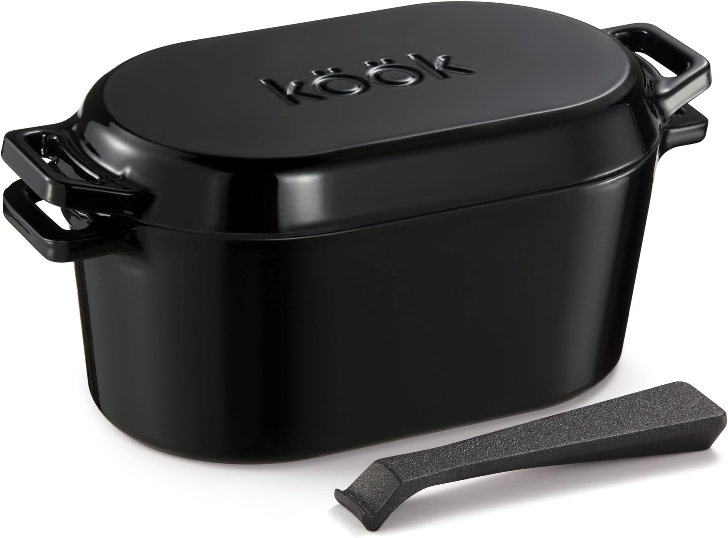 Kook Dutch Oven with Lid, Bread Pan, Enameled Cast Iron, Great for Baking Sourdough, Cooking and Roasting, Dishwasher Safe, Dual Handles, includes Lid Lever, 3.4 Qt, Black