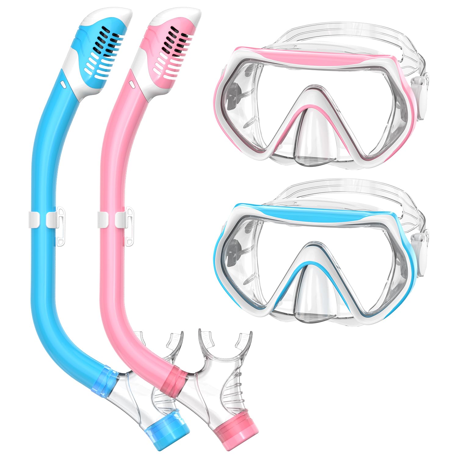 Attrezzatura da snorkeling per bambini, set da snorkeling per bambini dai 3 ai 14 anni, maschera subacquea anti-appannamento e boccaglio Dry Top, blu e rosa