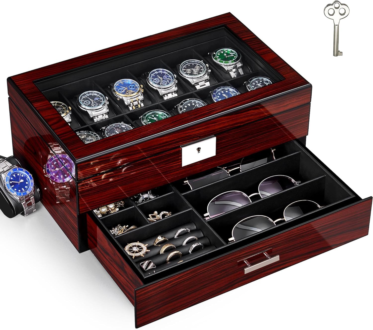 ANWBROAD Boîte à montres à 12 emplacements pour homme avec grand couvercle en verre à 2 niveaux - Organiseur de montre verrouillable - Support de montre luxueux JWB003Y