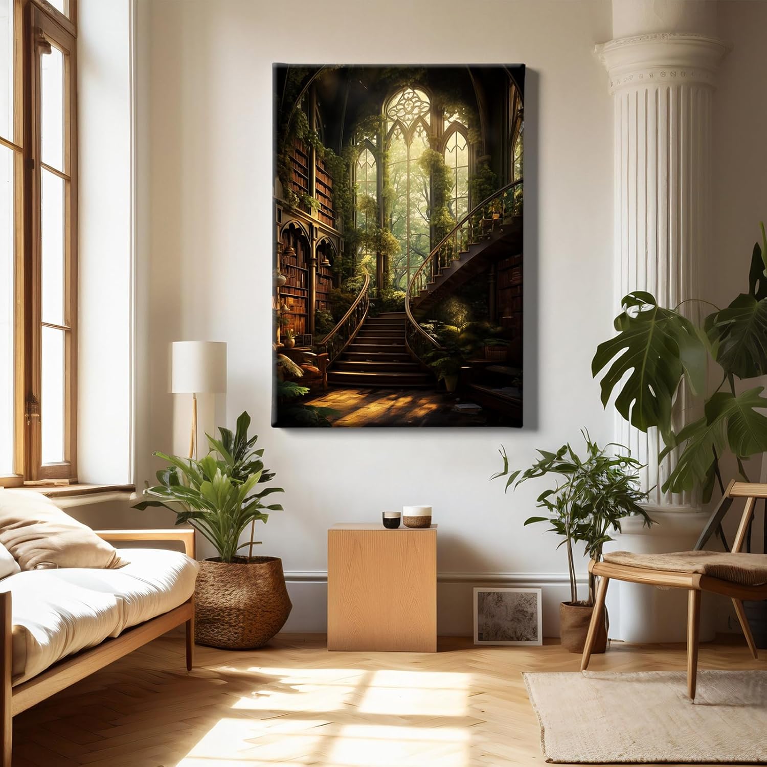 Vintage Library Picture Gothic Victorian Painting Dark Academia Artwork Medieval Castle Poster Abandoned Libraries Canvas Wall Art Moody Gothic Prints Dark Castle Painting for Living Room16x24in Framed