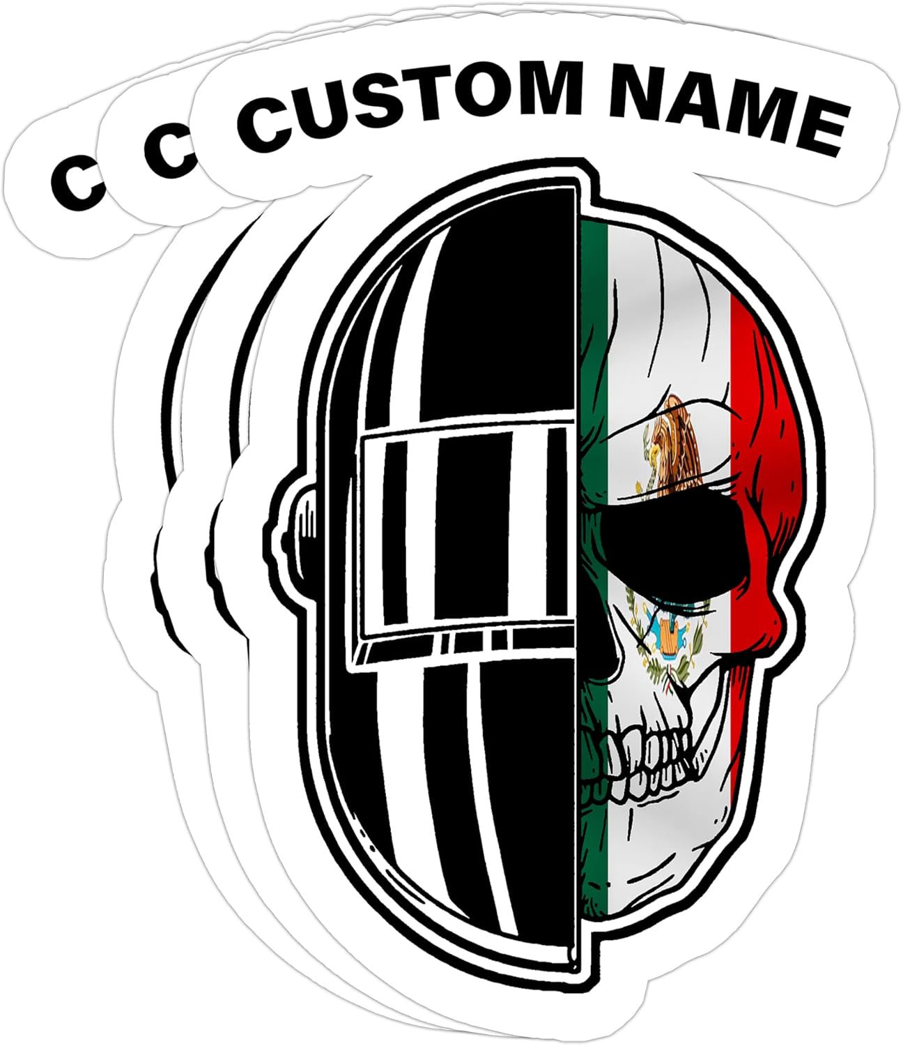 (3Pcs) Personalized Mexican Welder Stickers - Mexican Flag Skull Decals, Hispanic Heritage Welder Art, Custom Name Vinyl for Welding Helmet, Hood, Toolbox, Truck 3”x4”