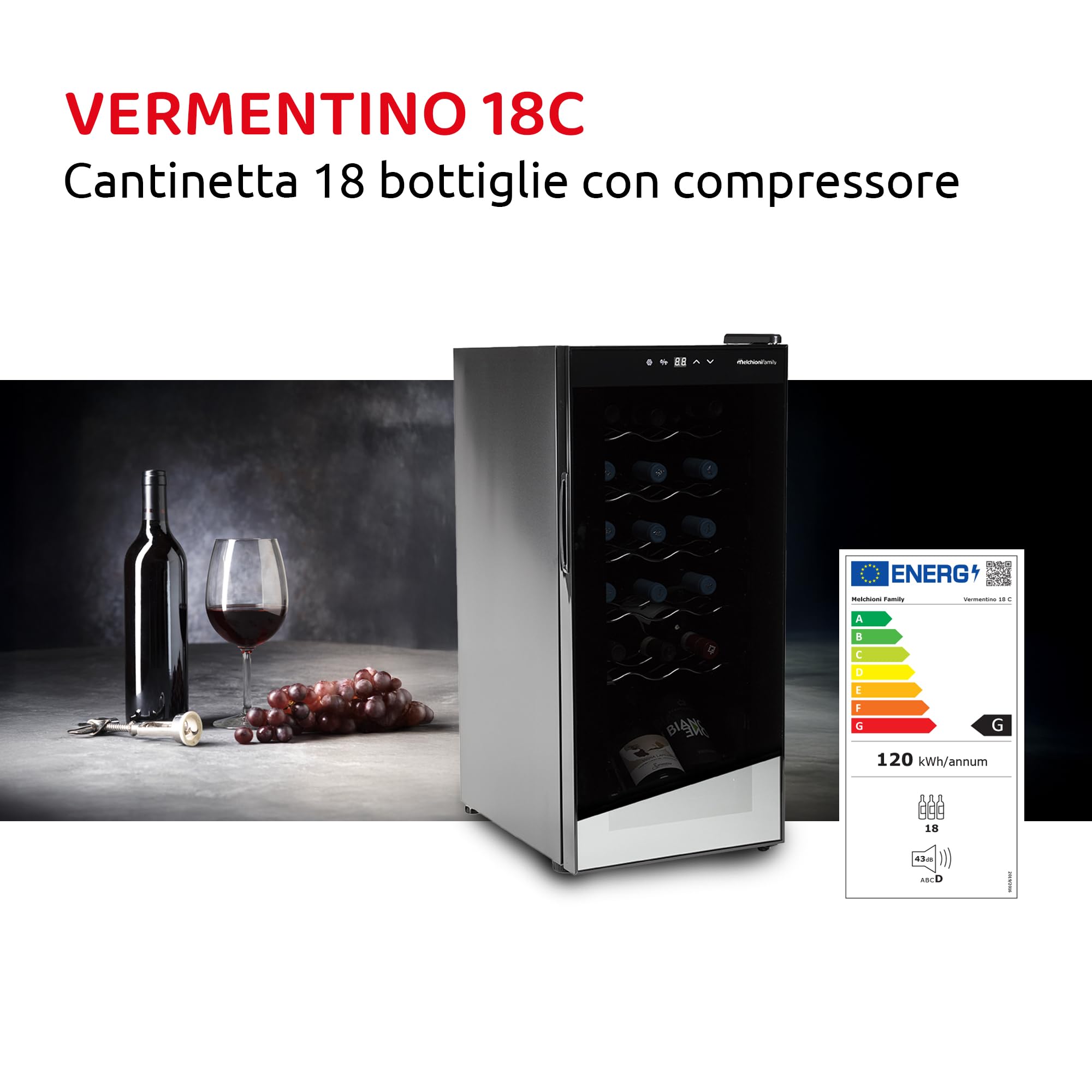 Melchioni Family | Cantinetta Vino Refrigerata, VERMENTINO 18C, Capacità 18 Bottiglie / 50 litri, Temperatura Regolabile 5-18°, con Compressore, Porta Vetro Temperato e Filtro Anti UV